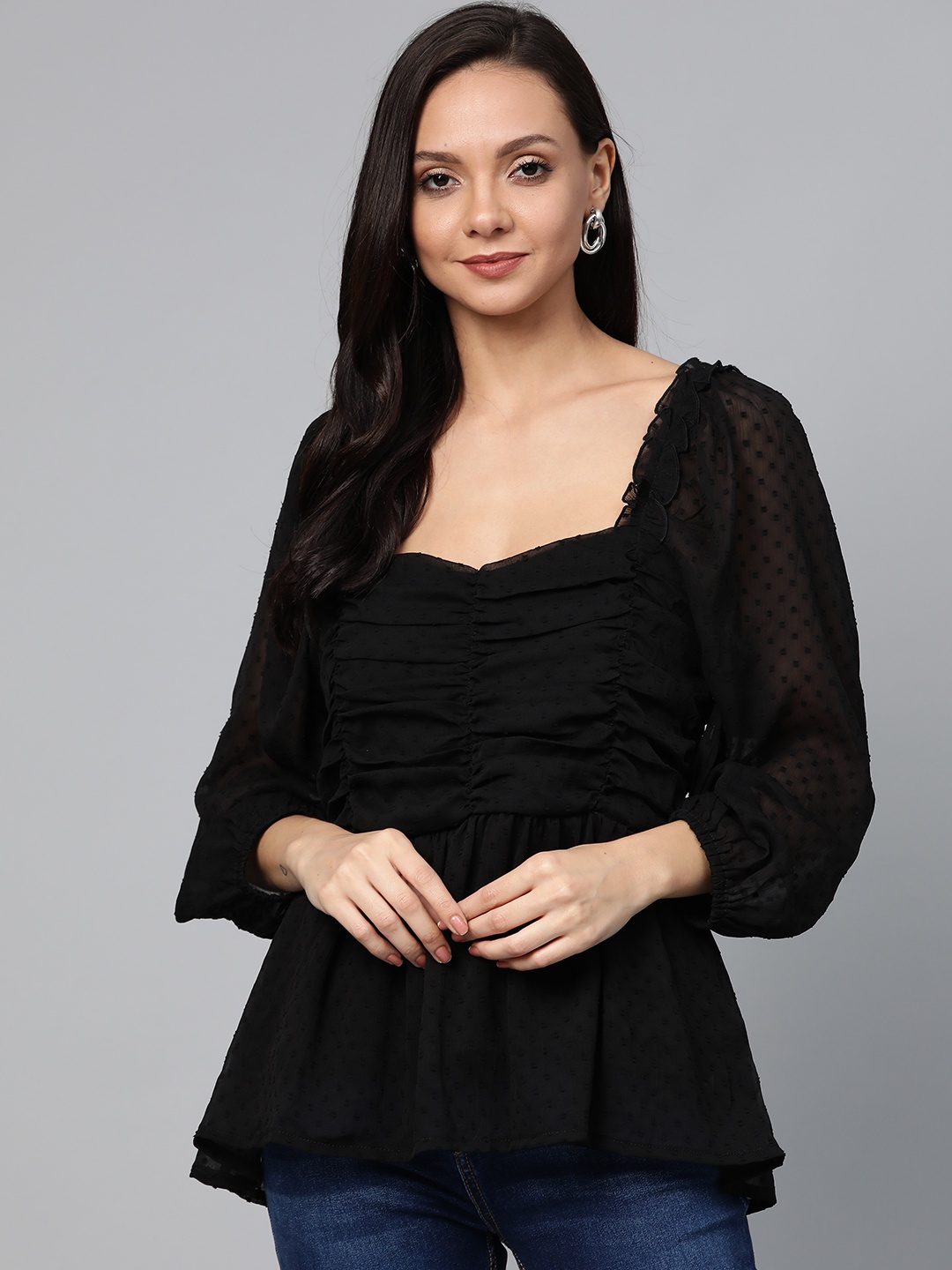 

plusS Black Dobby Self Design Dobby Weave Semi-Sheer A-Line Top