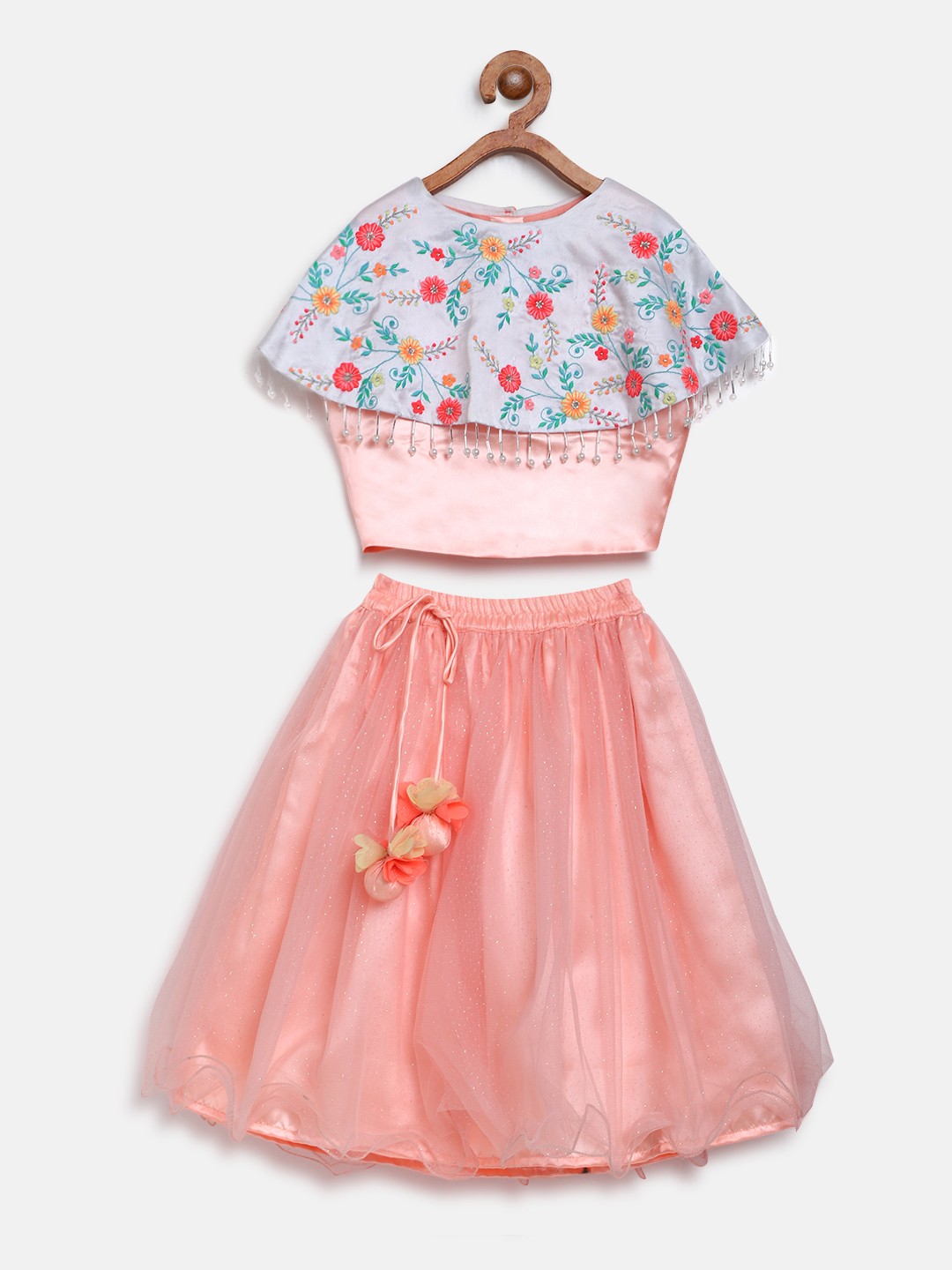 

Nauti Nati Peach-Coloured & White Embroidered Ready to Wear Lehenga with Layered Blouse