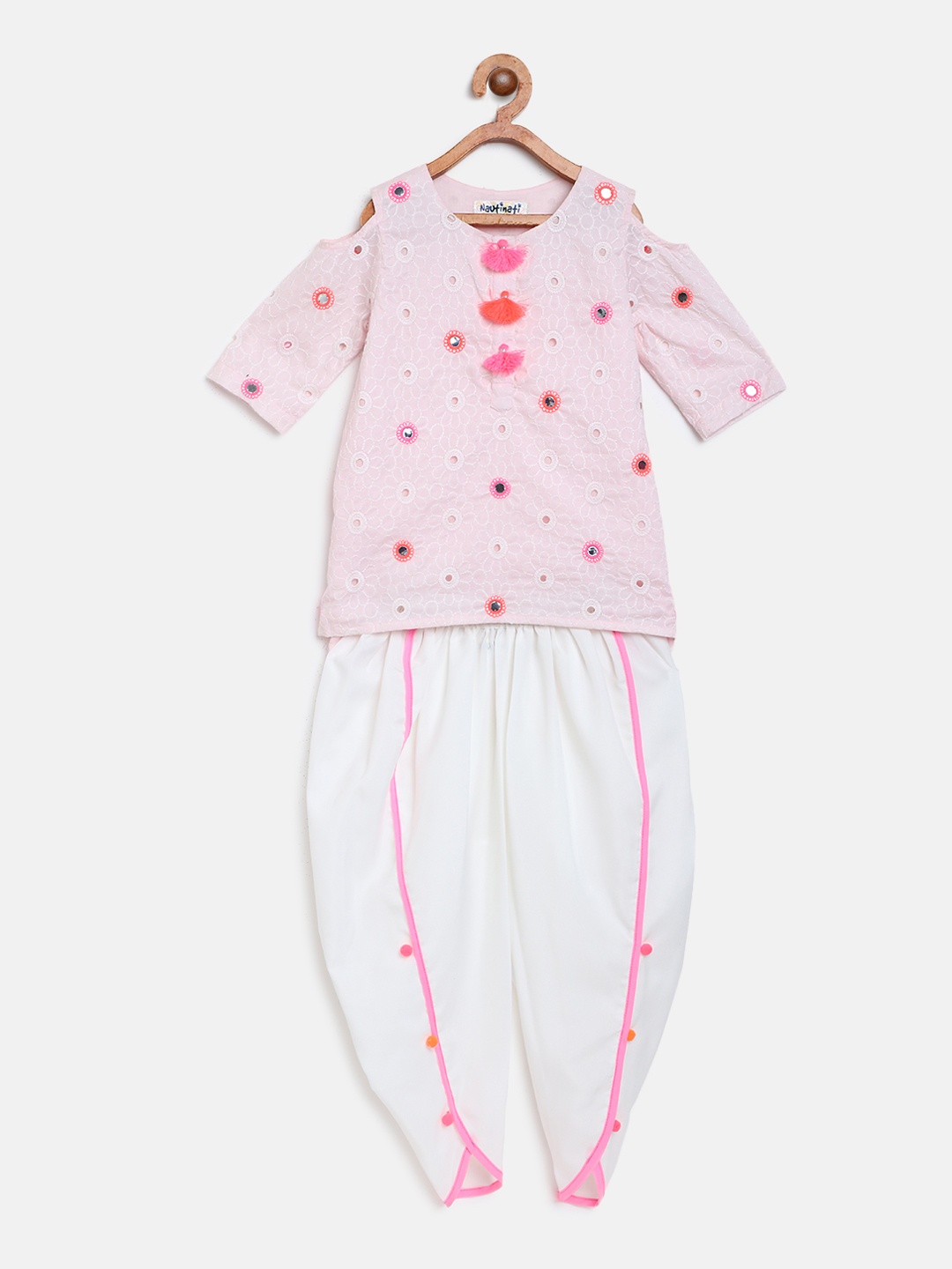 

Nauti Nati Girls Pink & White Embroidered Kurta with Dhoti Pants