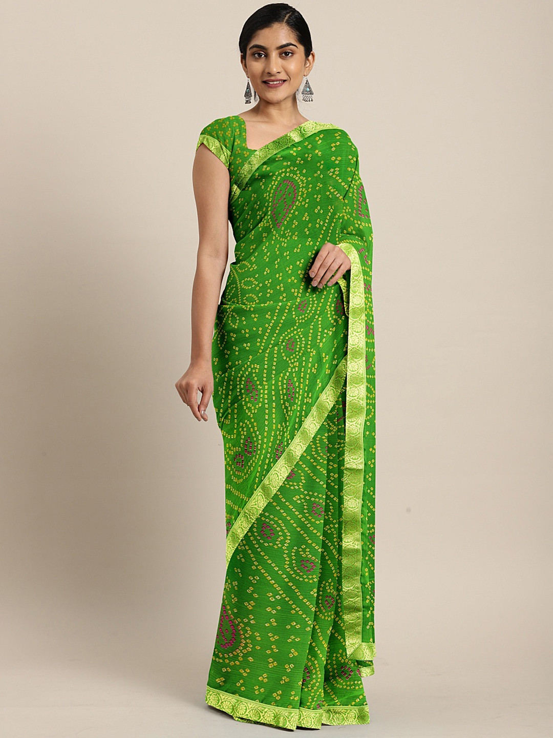 

KALINI Green & Yellow Poly Chiffon Printed Bandhani Saree