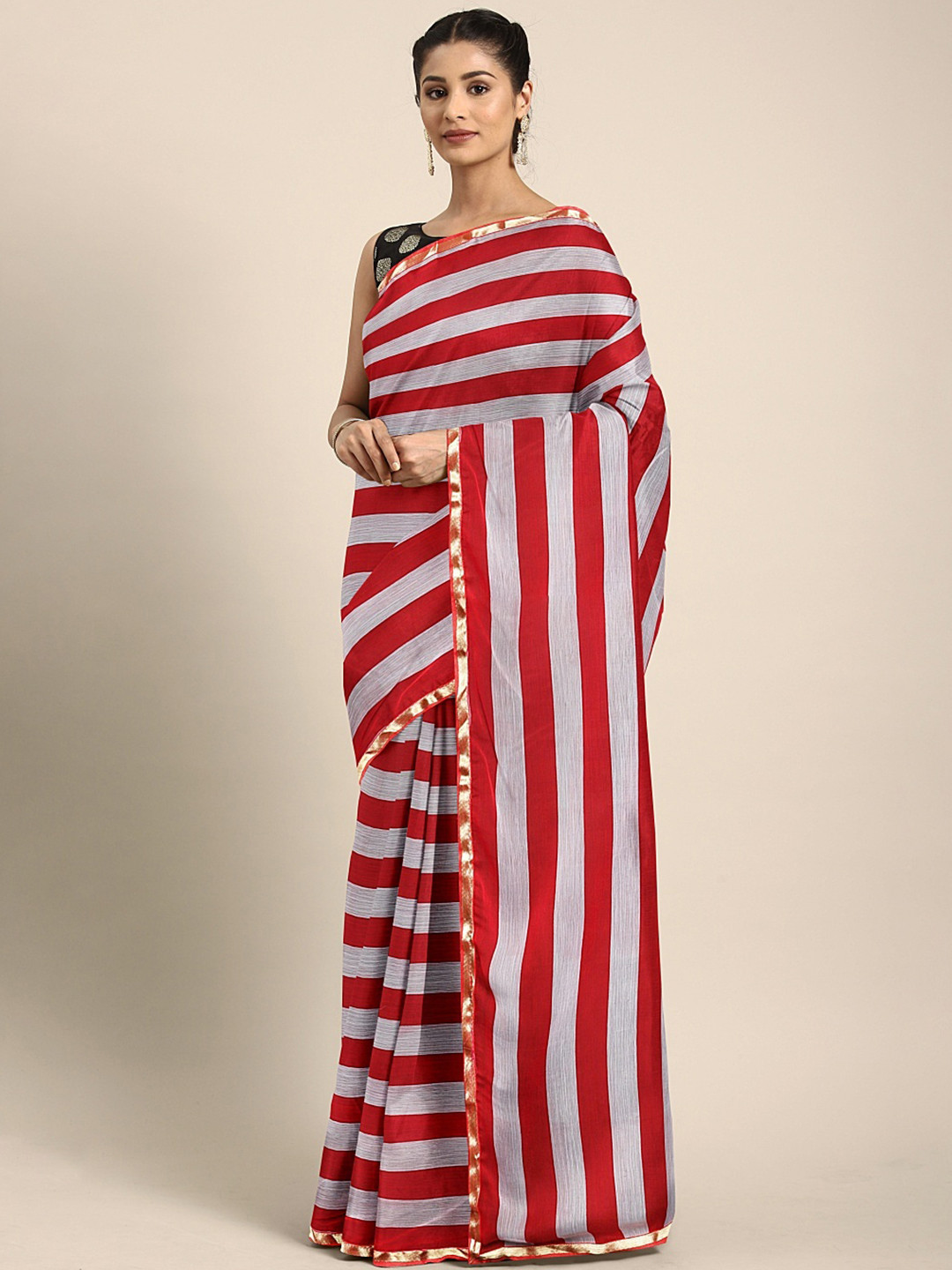 

KALINI Red & Grey Poly Chiffon Striped Saree