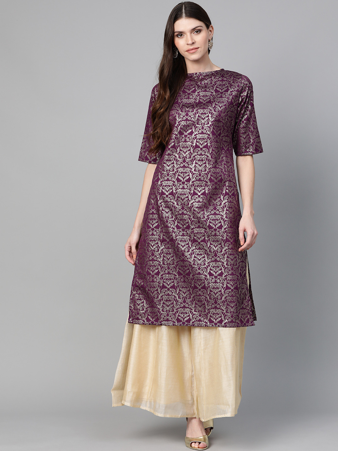 

Bhama Couture Women Purple & Golden Block print Straight Kurta