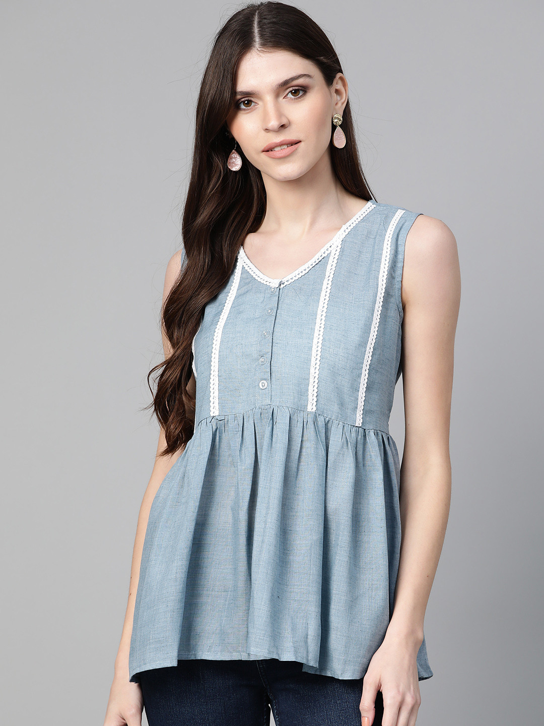 

Bhama Couture Women Blue Solid A-Line Chambray Top