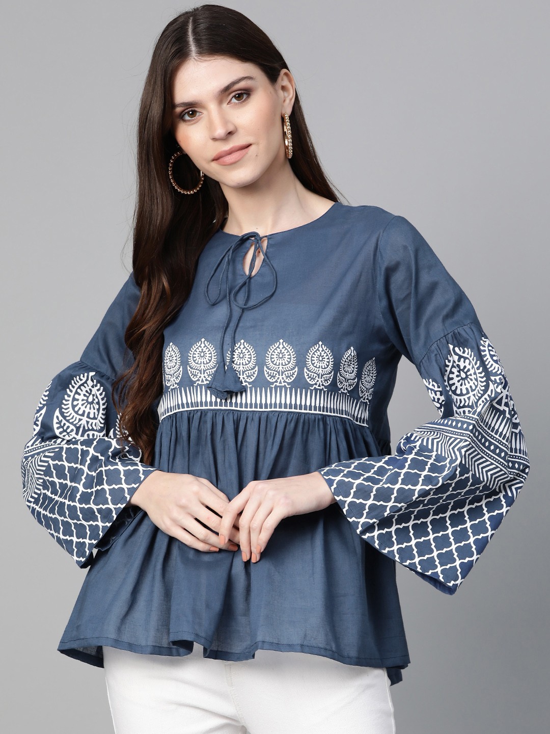 

Bhama Couture Navy Blue Ethnic Motifs Bell Sleeves A-Line Top