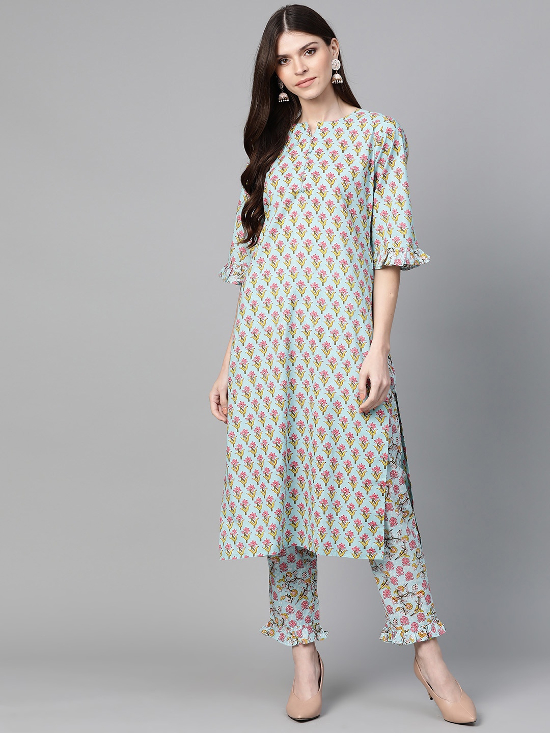 

Bhama Couture Women Sea Green & Pink Printed Kurta with Trousers