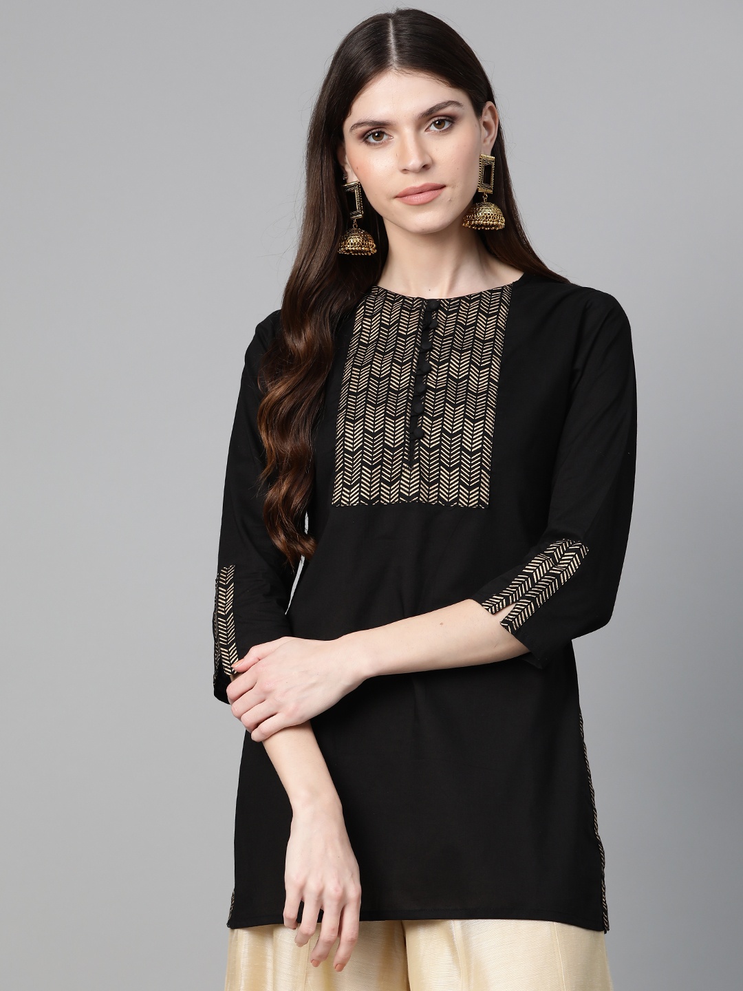 

Bhama Couture Women Black & Golden Foil Print Tunic