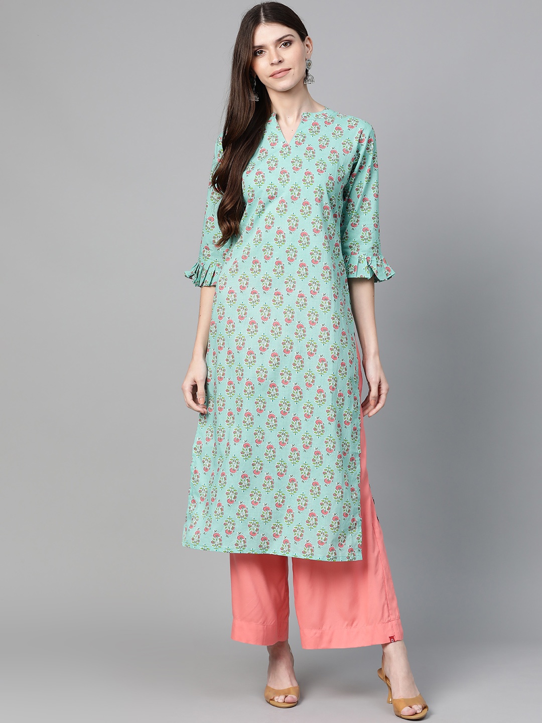 

Bhama Couture Women Sea Green & Pink Printed Straight Kurta