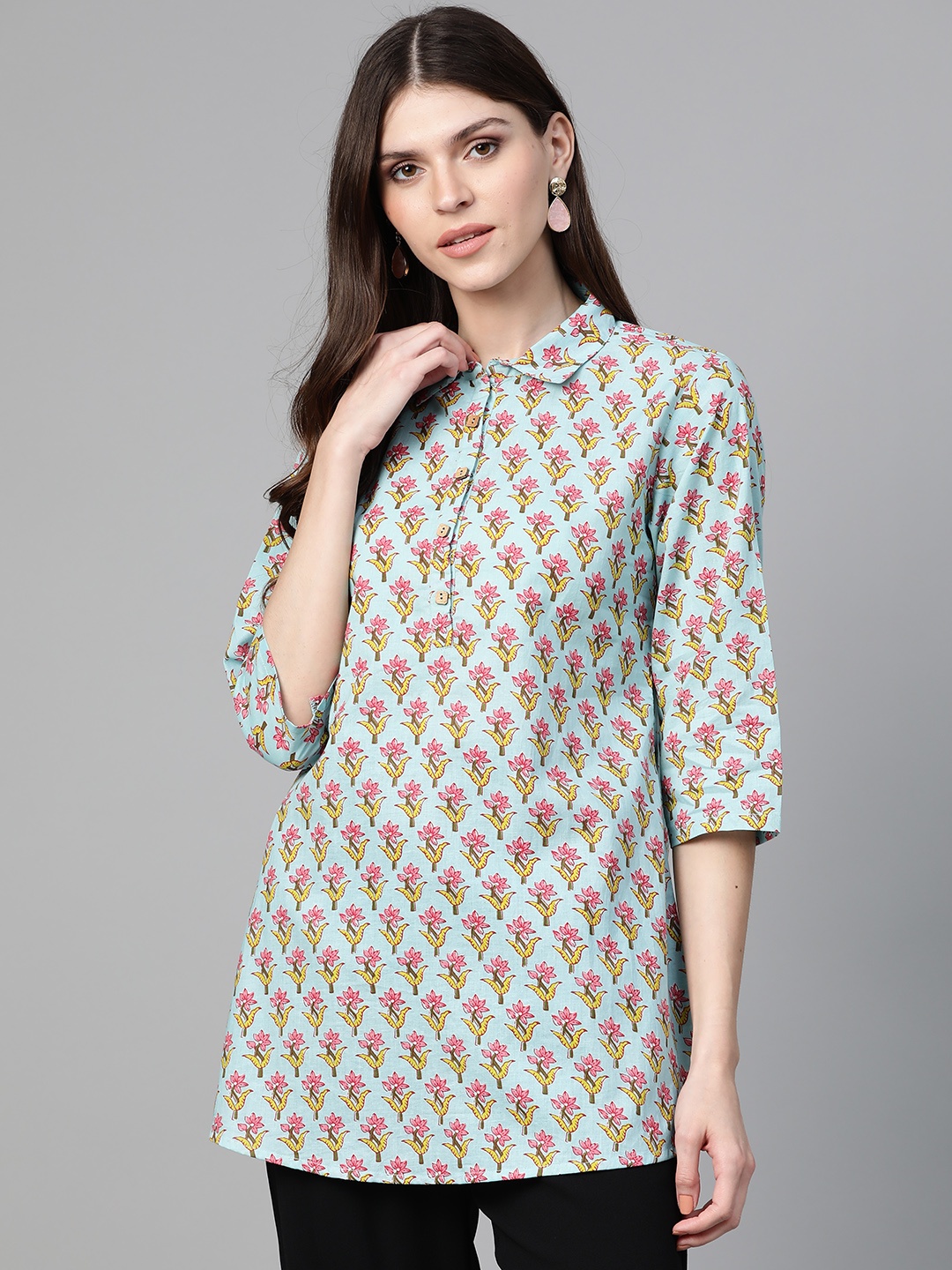 

Bhama Couture Women Blue & Pink Floral Print Shirt Tunic