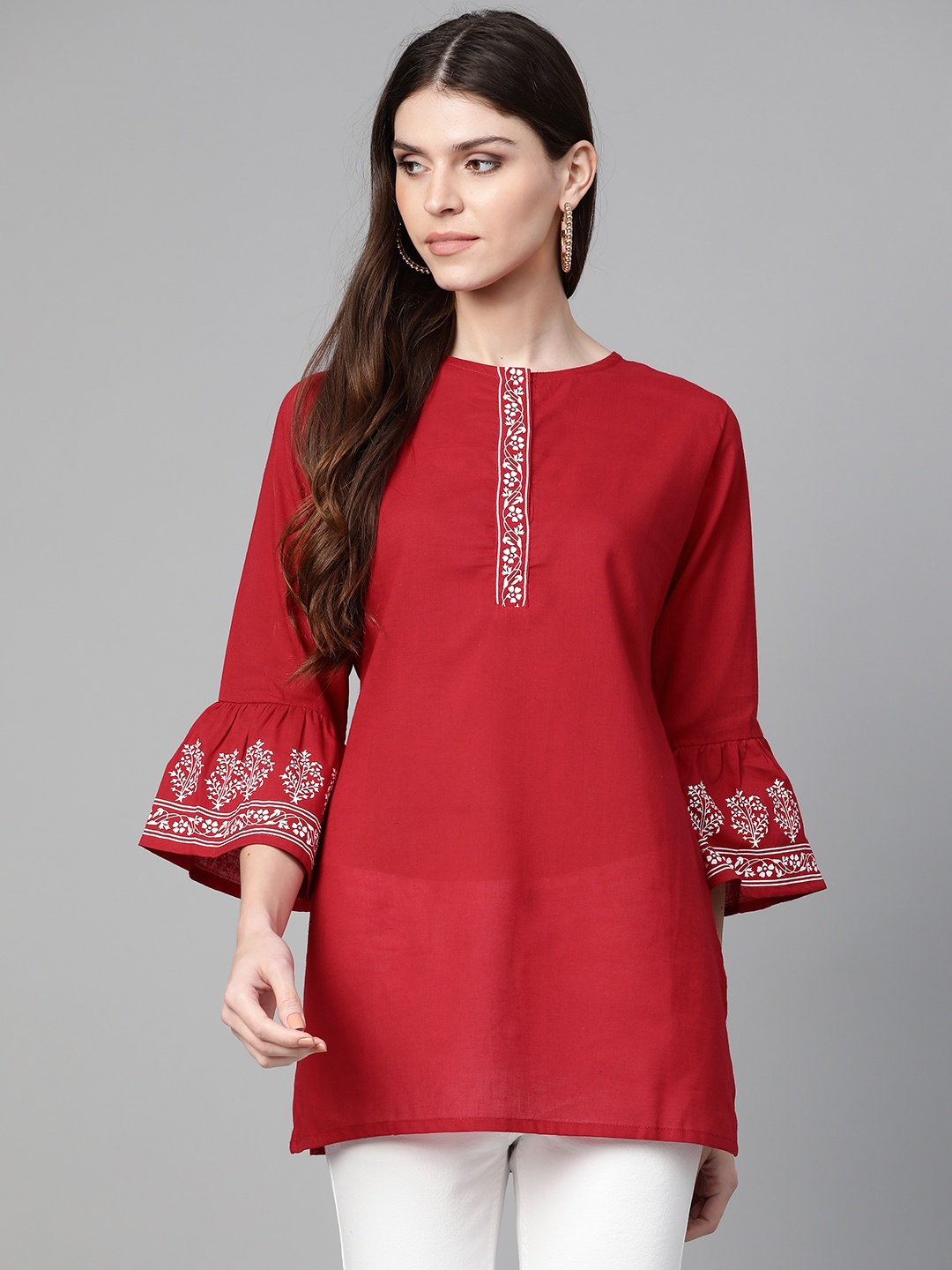 

Bhama Couture Straight Maroon Bell Sleeved Tunic