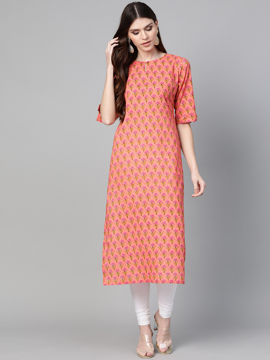 

Bhama Couture Women Pink & Green Floral Print Straight Kurta, Peach