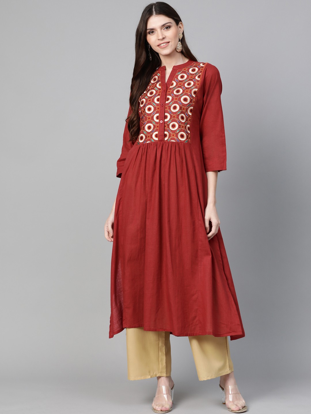 

Bhama Couture Women Maroon & Beige Embroidered Kurta with Palazzos