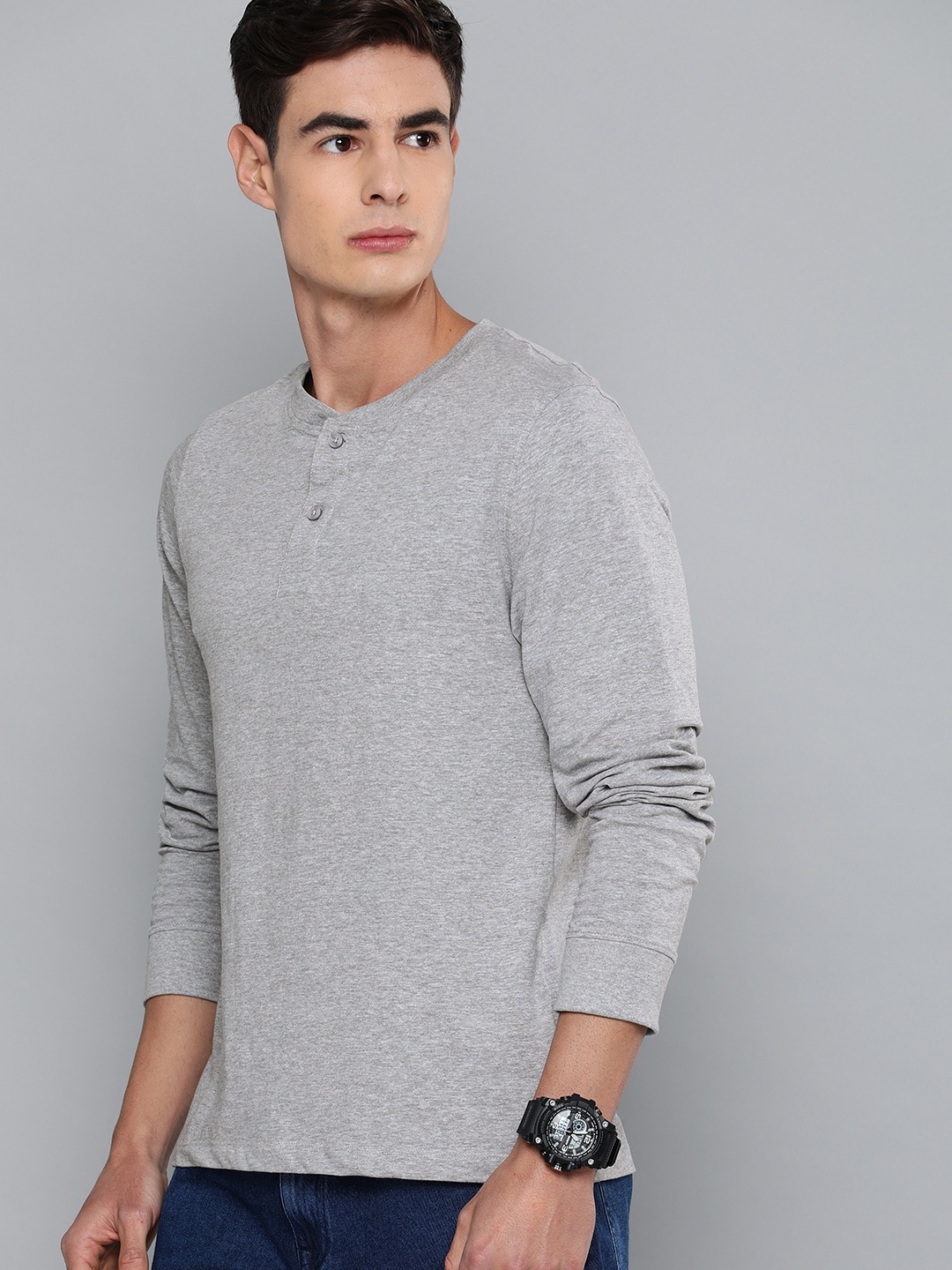 

Harvard Men Grey Melange Solid Henley Neck T-shirt