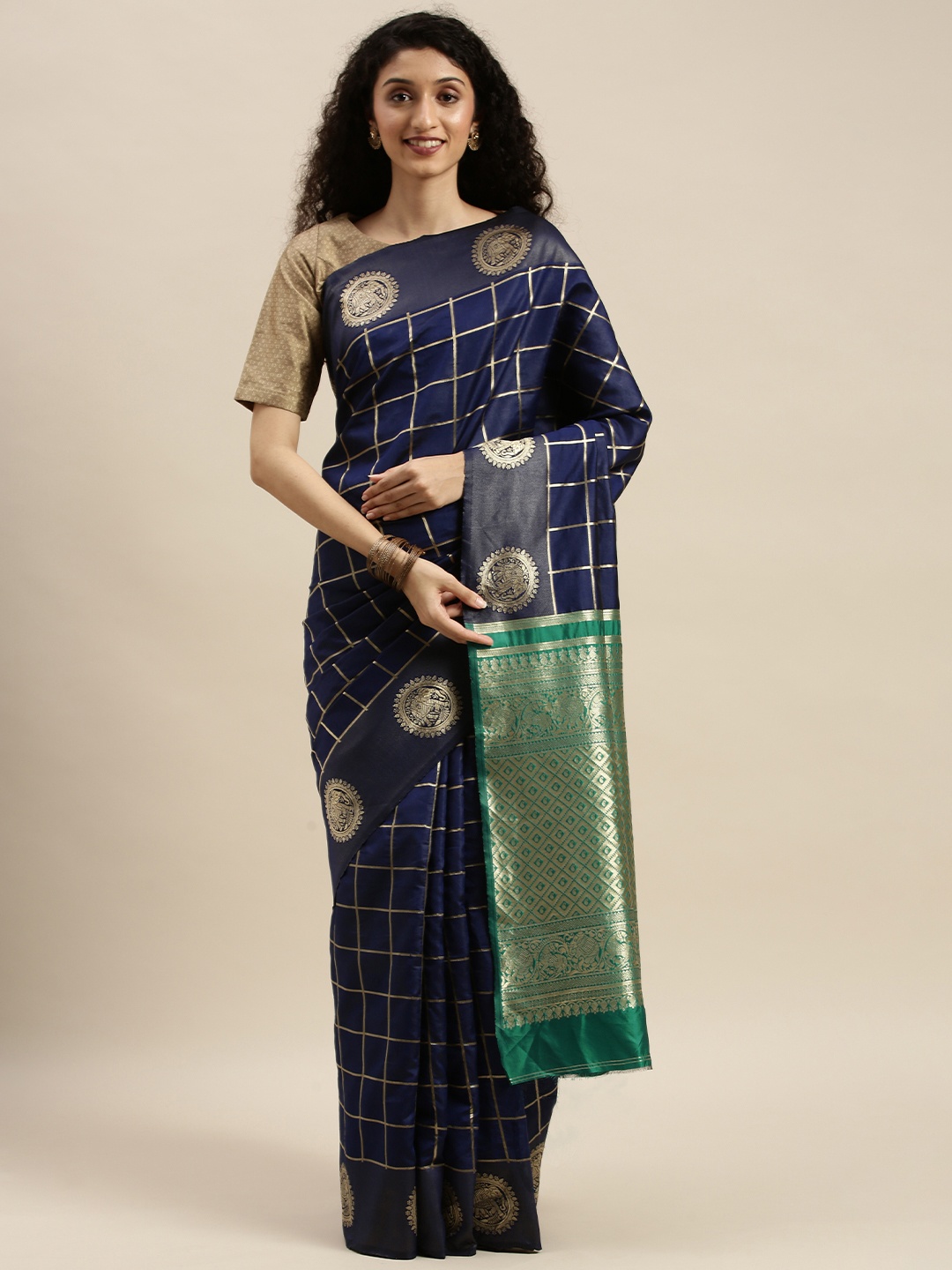 

KALINI Navy Blue & Gold-Toned Poly Silk Woven Design Banarasi Saree