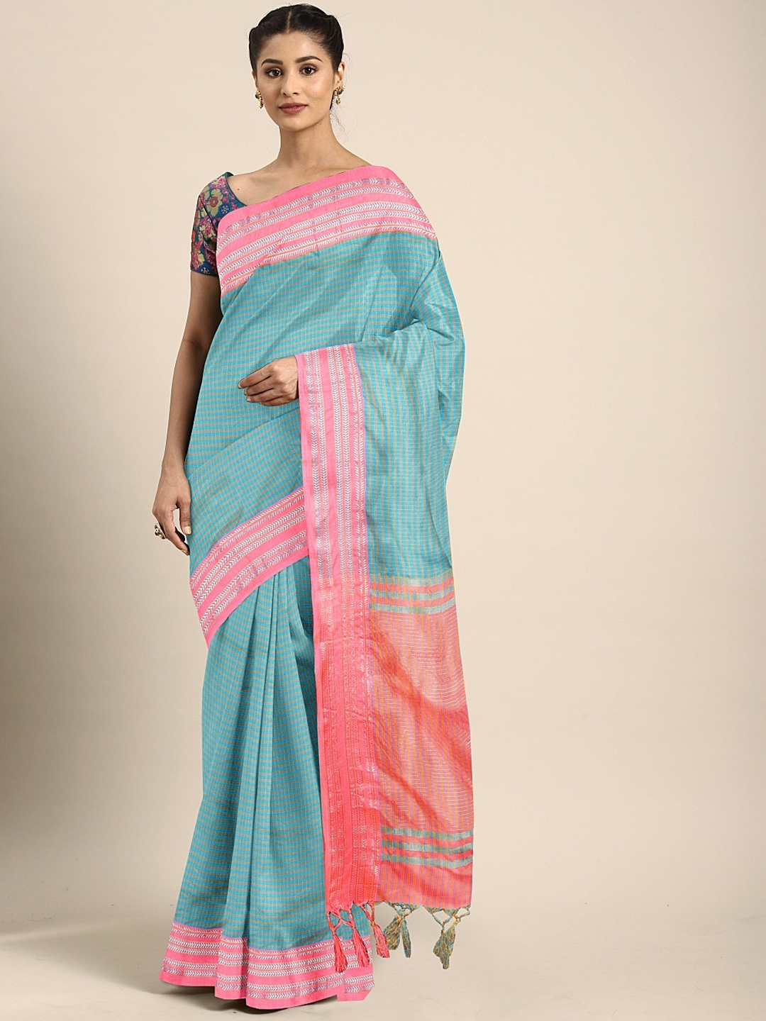 

KALINI Blue & Pink Poly Silk Checked Saree