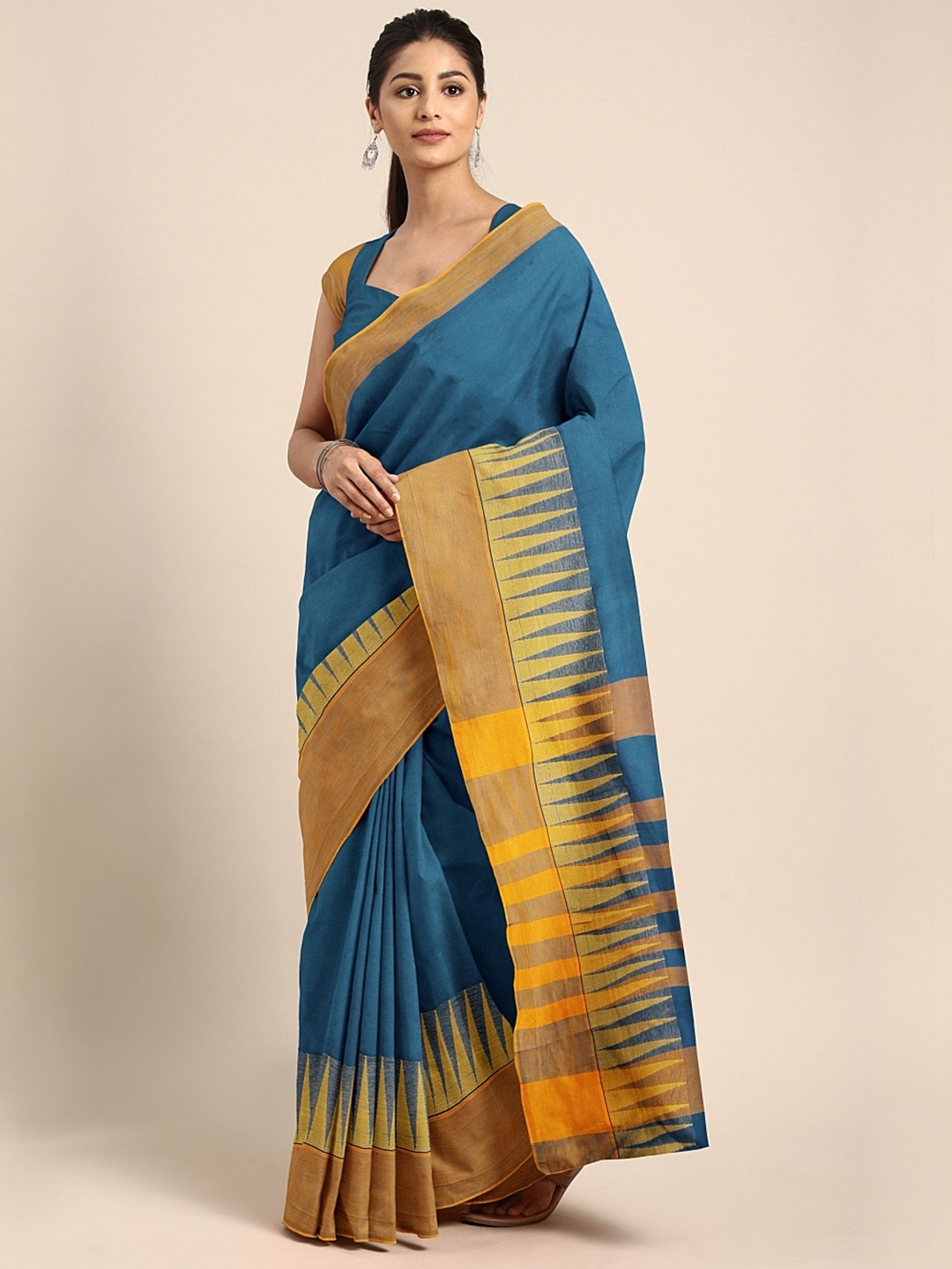 

aamna Teal & Yellow Pure Cotton Solid Mangalagiri Saree