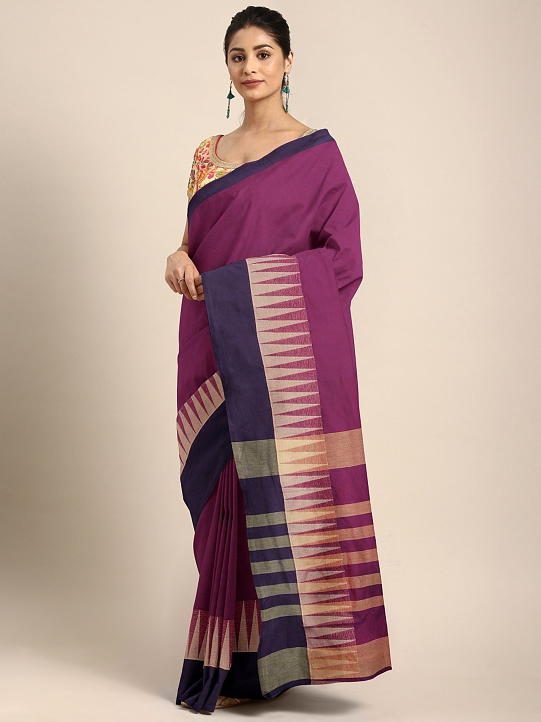 

aamna Purple & Navy Blue Pure Cotton Solid Mangalagiri Saree