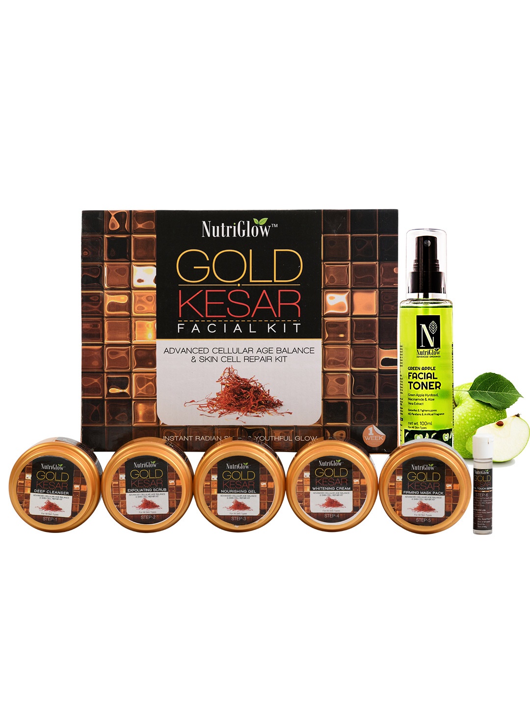 

NutriGlow Set of Gold Kesar Facial Kit 250g+10ml & Green Apple Facial Toner 100ml, Multi