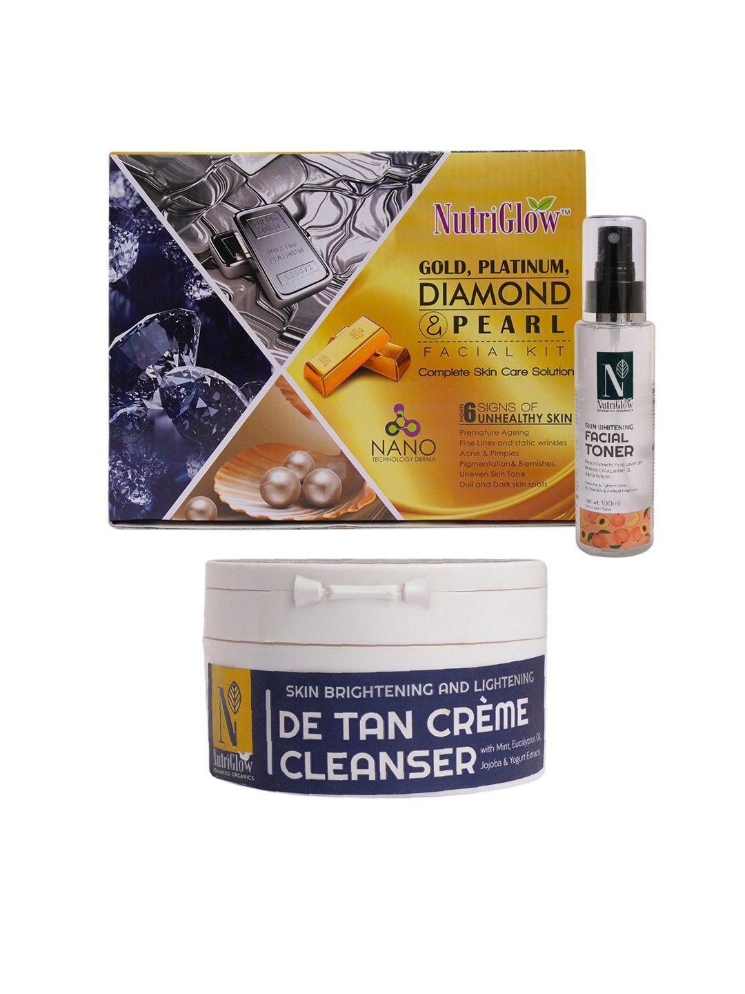 

NutriGlow Combo of 3 Power of 4 Facial Kit + Whitening Toner + De Tan Cleanser, Multi