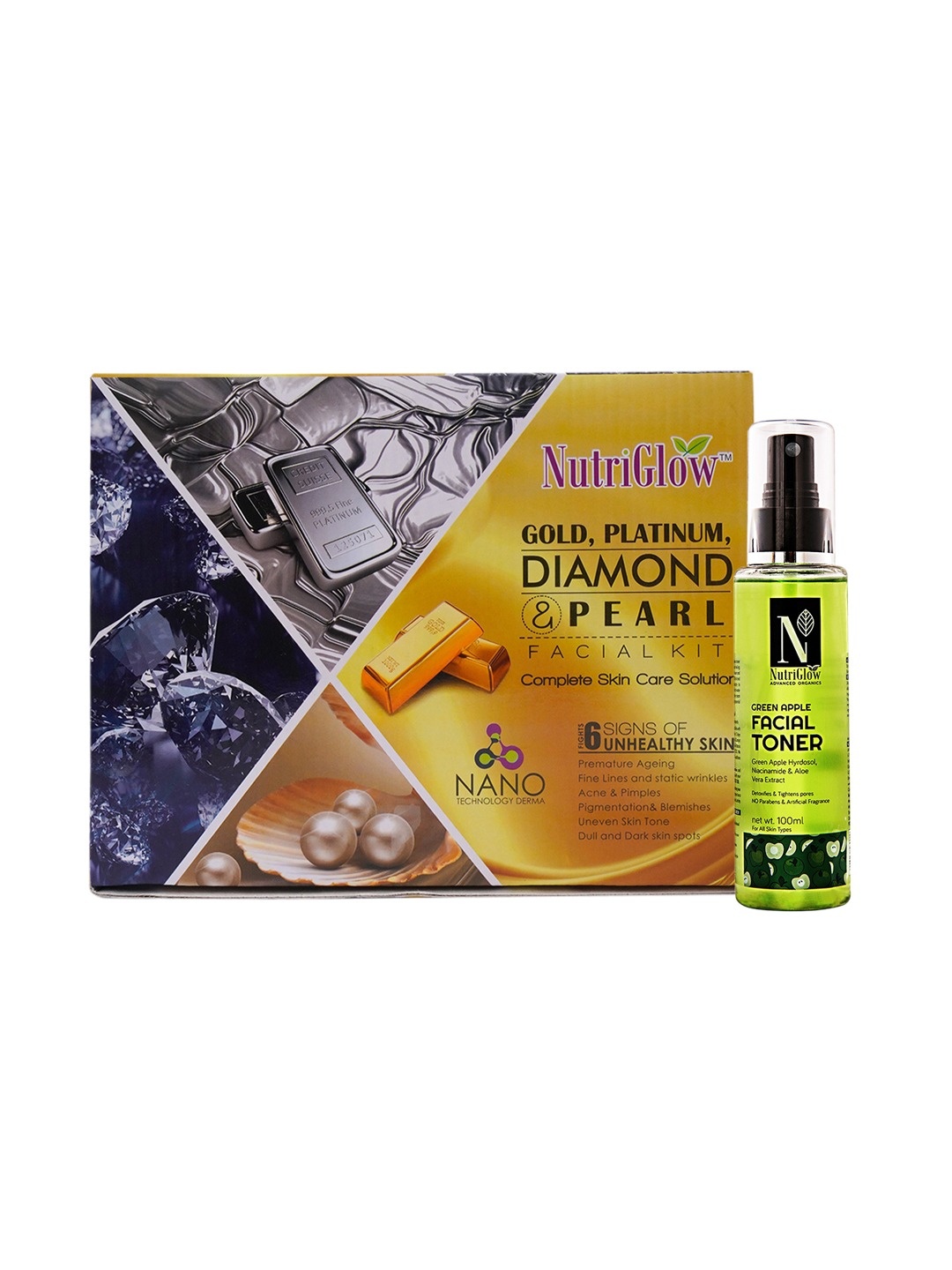 

NutriGlow Platinum Diamond Gold & Pearl Facial Kit 250g+10ml & Green Apple Toner 100ml, Multi