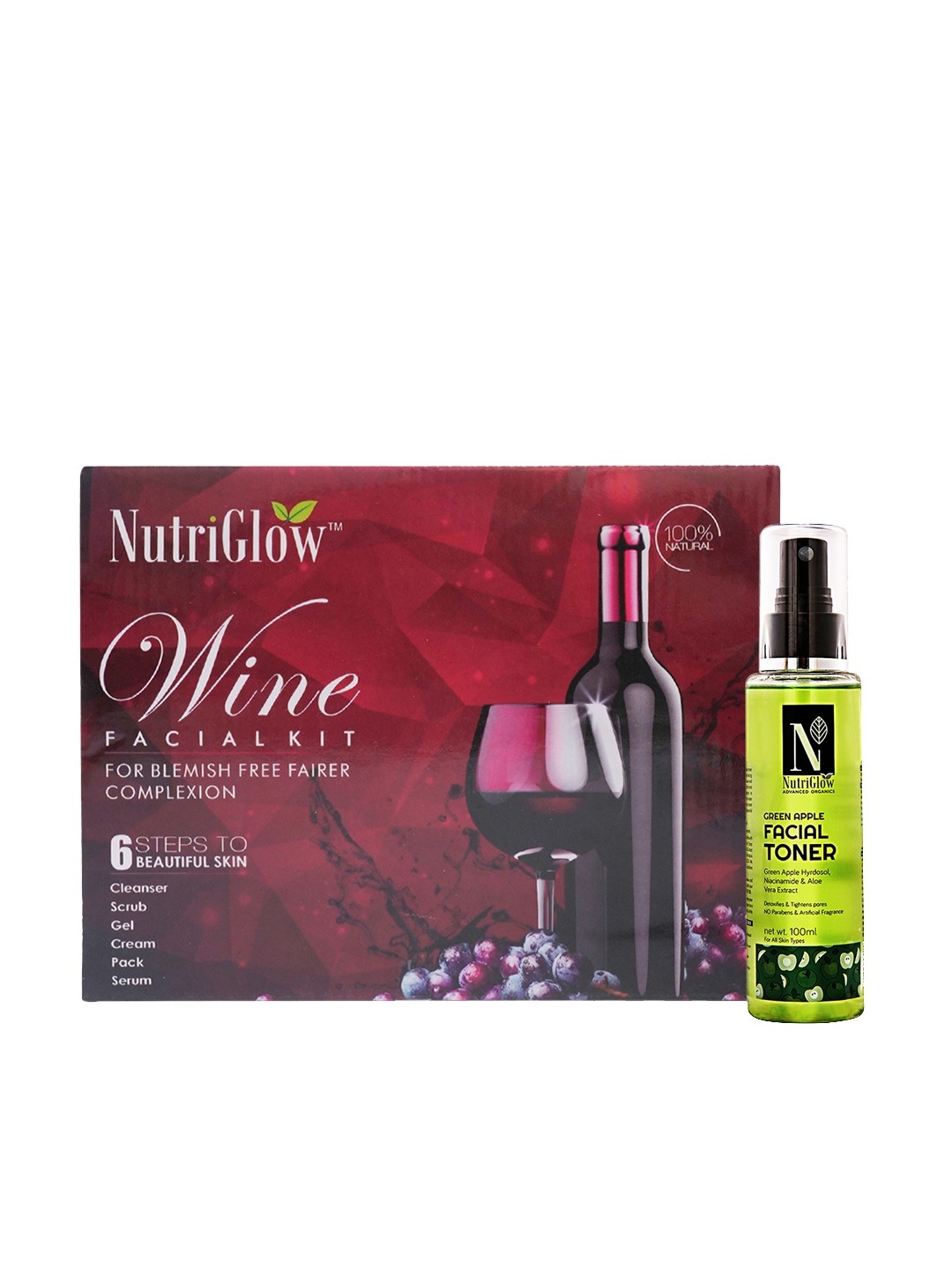 

NutriGlow Set of Wine Facial Kit 250g+10ml & Green Apple Facial Toner 100ml, Multi