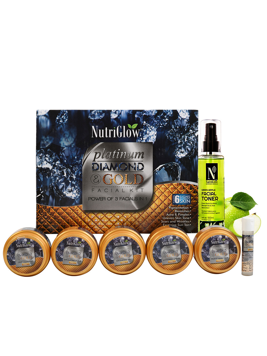 

NutriGlow Set of Platinum Diamond & Gold Facial Kit 250g+10ml & Green Apple Toner 100ml, Multi