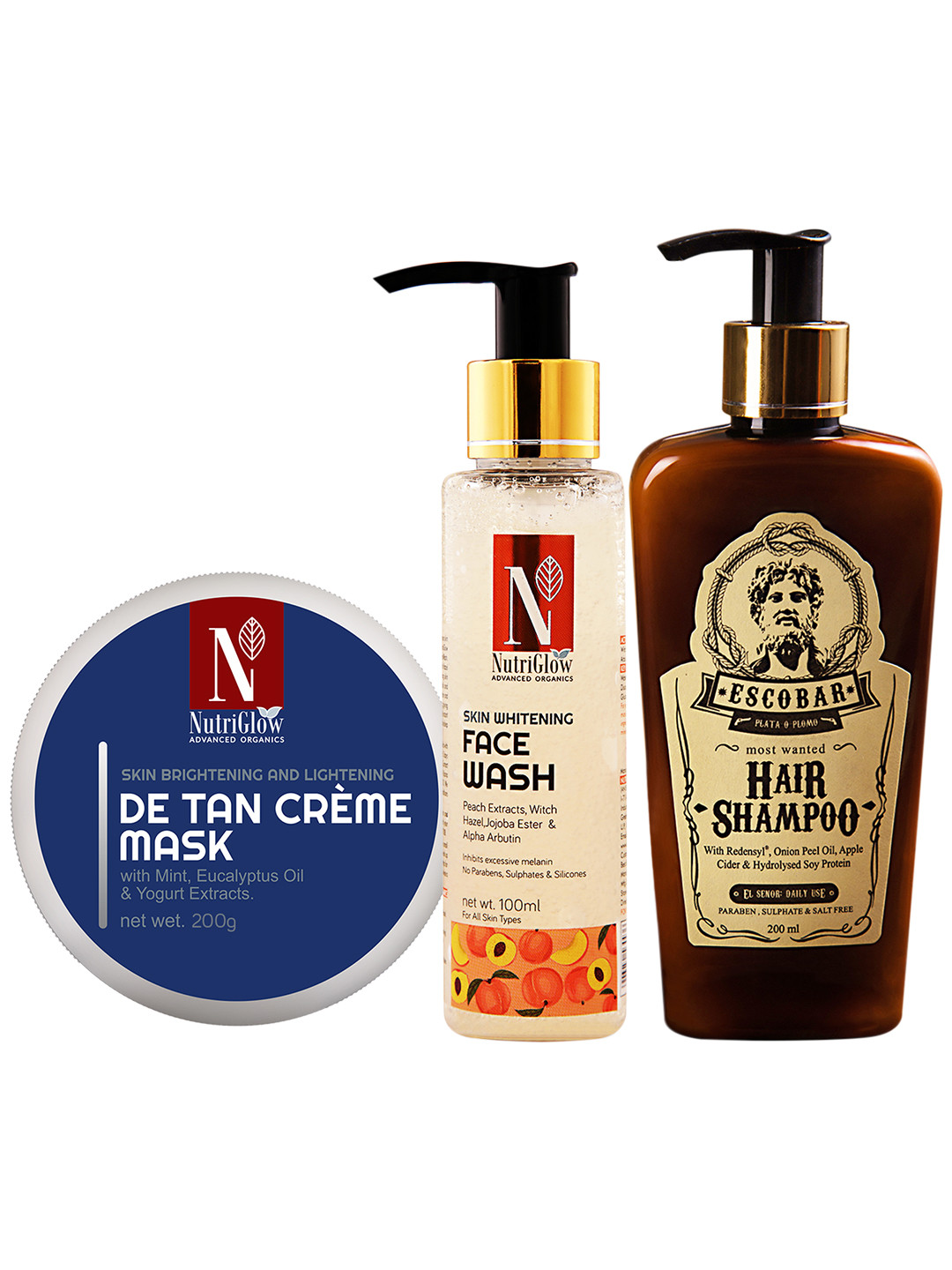 

NutriGlow Advanced Organics Combo of 3 De Tan Mask + Whitening Face Wash + Escobar Shampoo, Multi