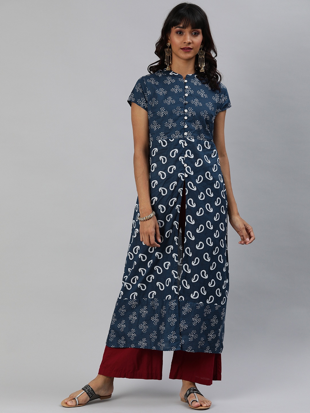 

Anouk Women Navy Blue & White Paisley Printed High Slit A-Line Kurta