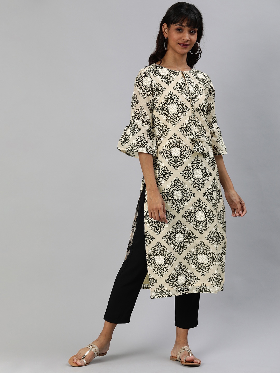 

Anouk Women Off-White & Black Printed Straight Kurta with Bell Sleeves