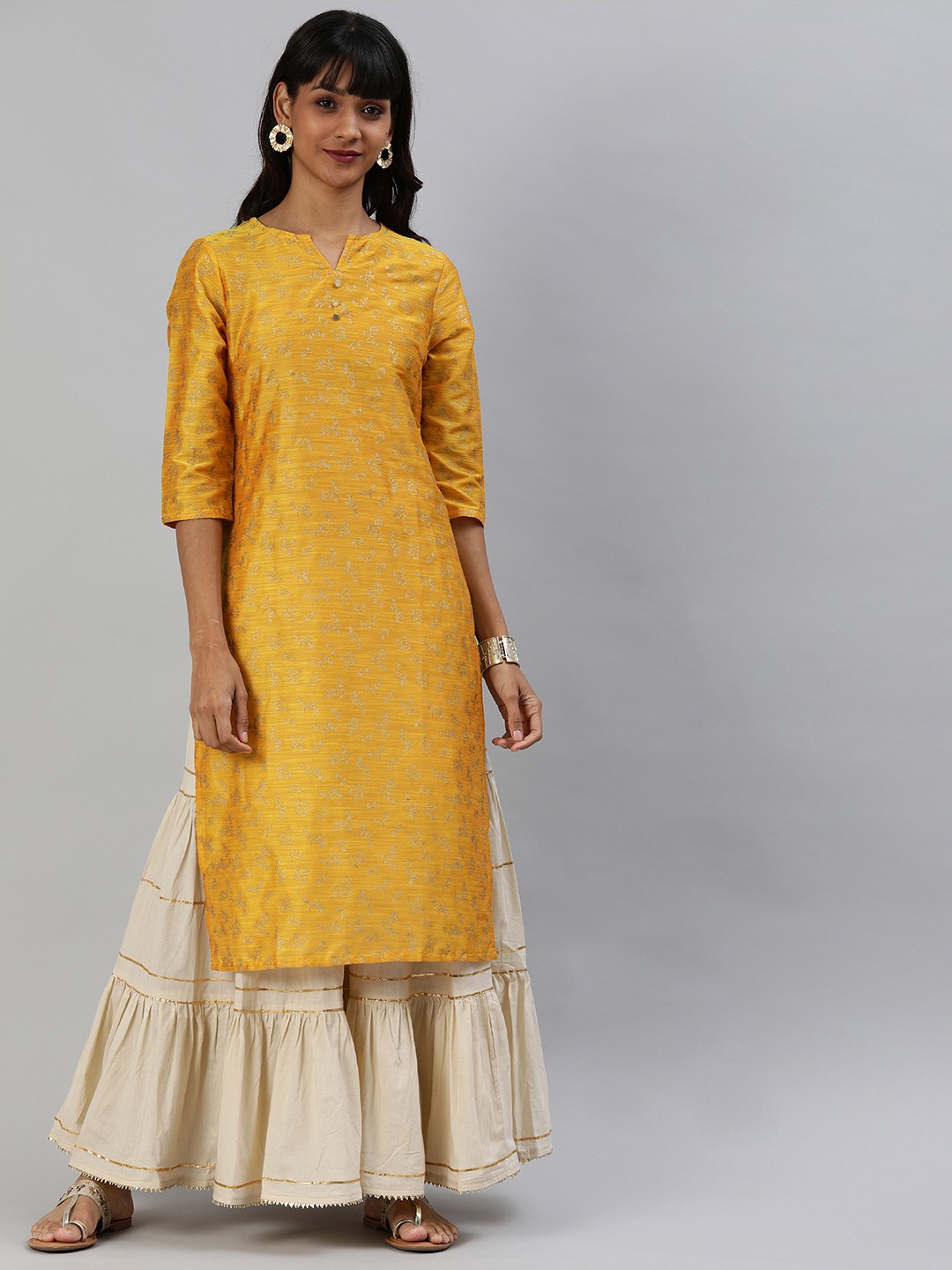 

Anouk Women Mustard Yellow & Golden Printed Straight Kurta