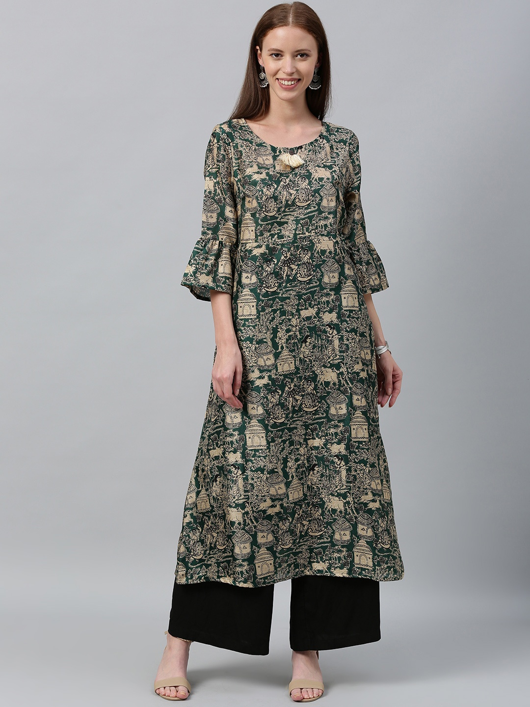 

Anouk Women Teal Green & Beige Printed Bell Sleeves A-Line Kurta