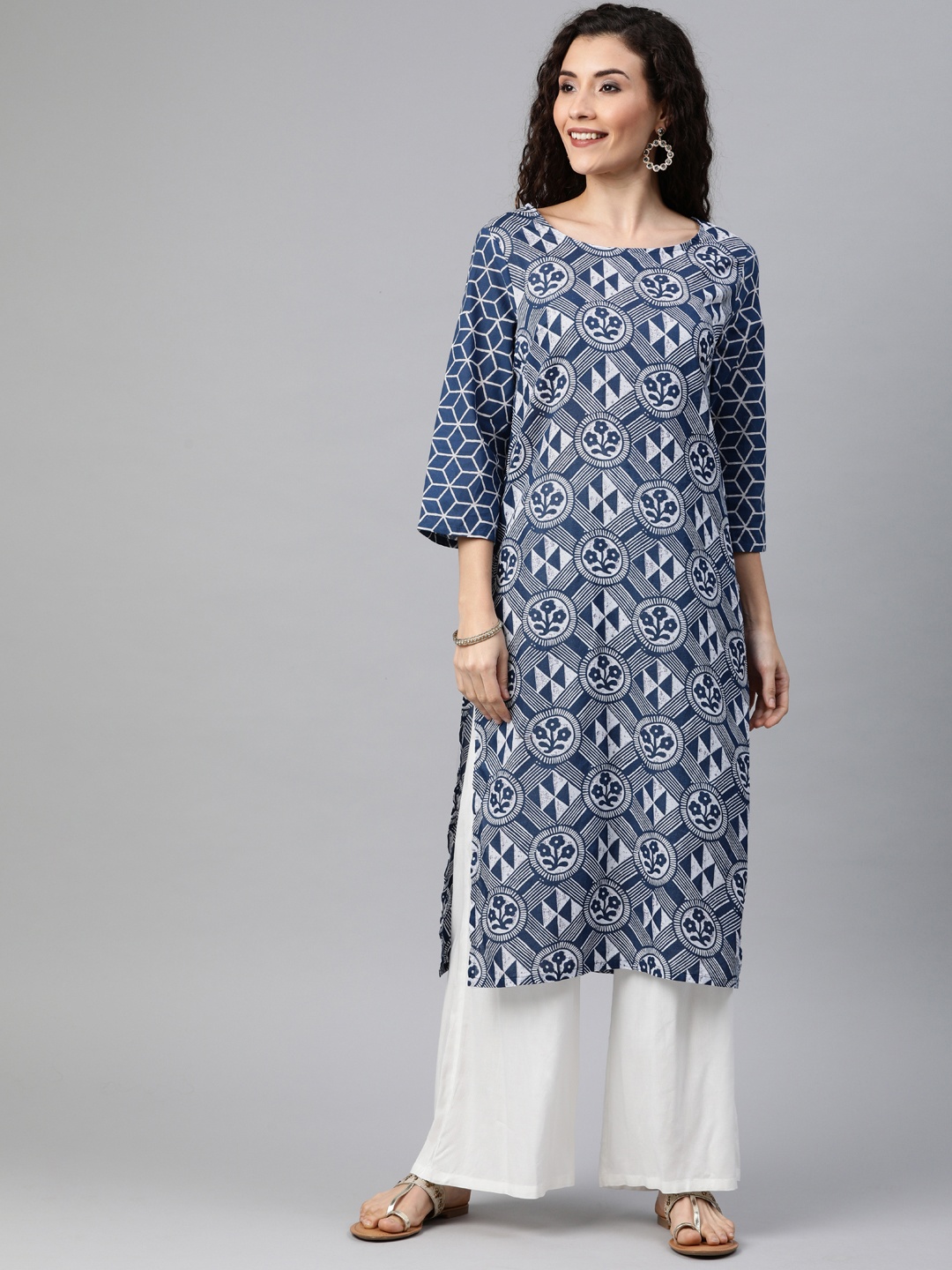 

Anouk Women Blue & White Printed Straight Kurta
