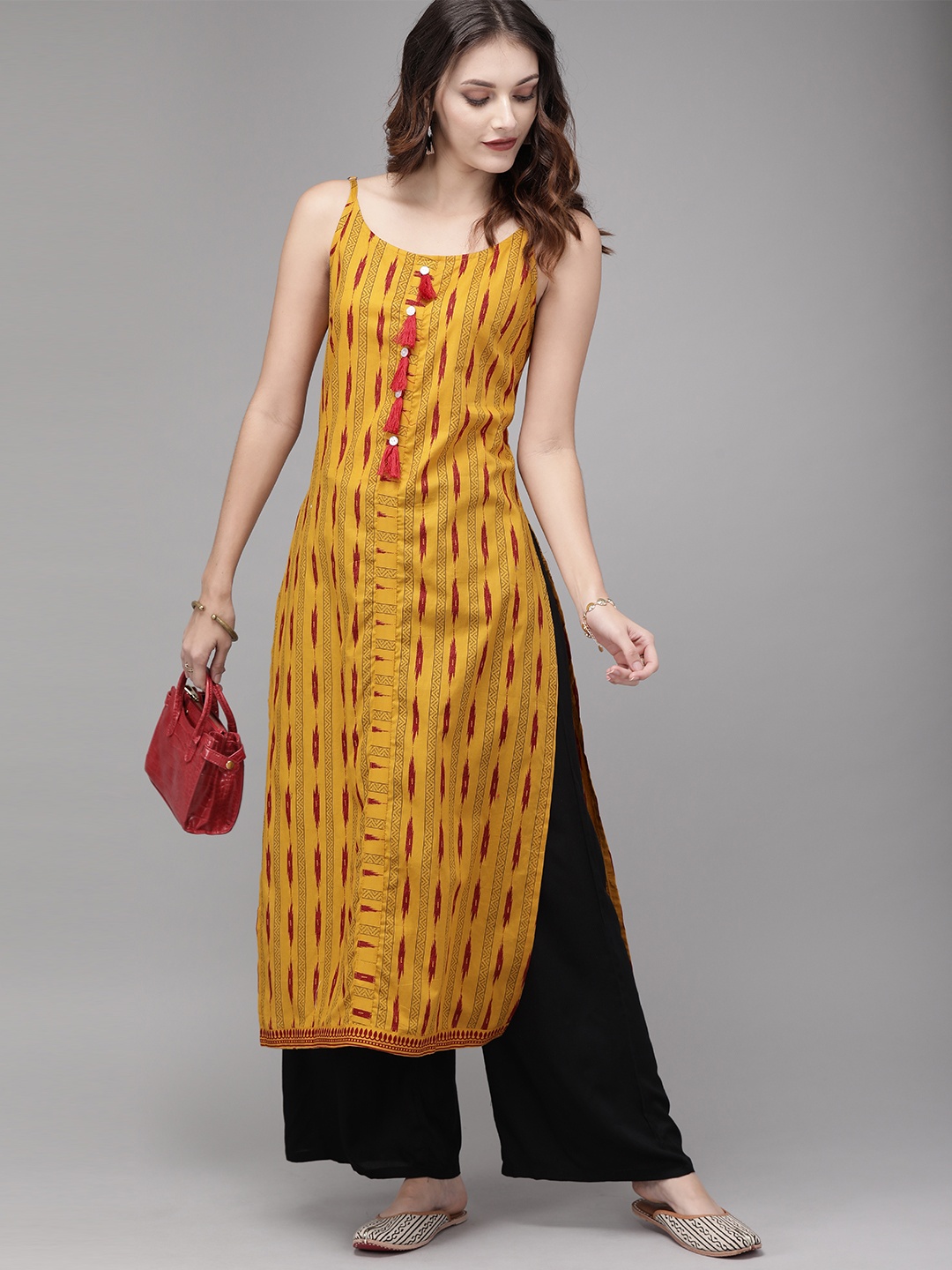 

Anouk Women Mustard Yellow & Black Printed Straight Kurta