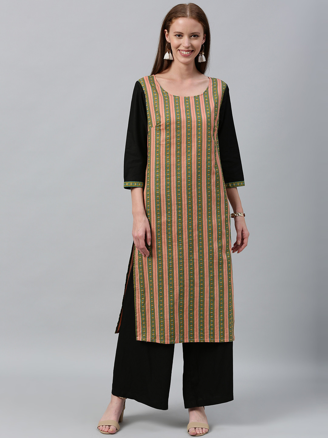 

Anouk Women Peach-Coloured & Green Striped Straight Kurta with Contrast Sleeves