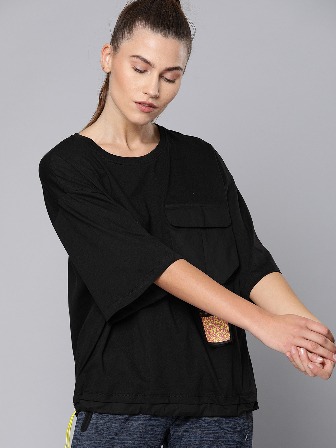 

HRX by Hrithik Roshan Women Black Typographic Bio-Wash Antimicrobial Lifestyle Pure Cotton T-shirt