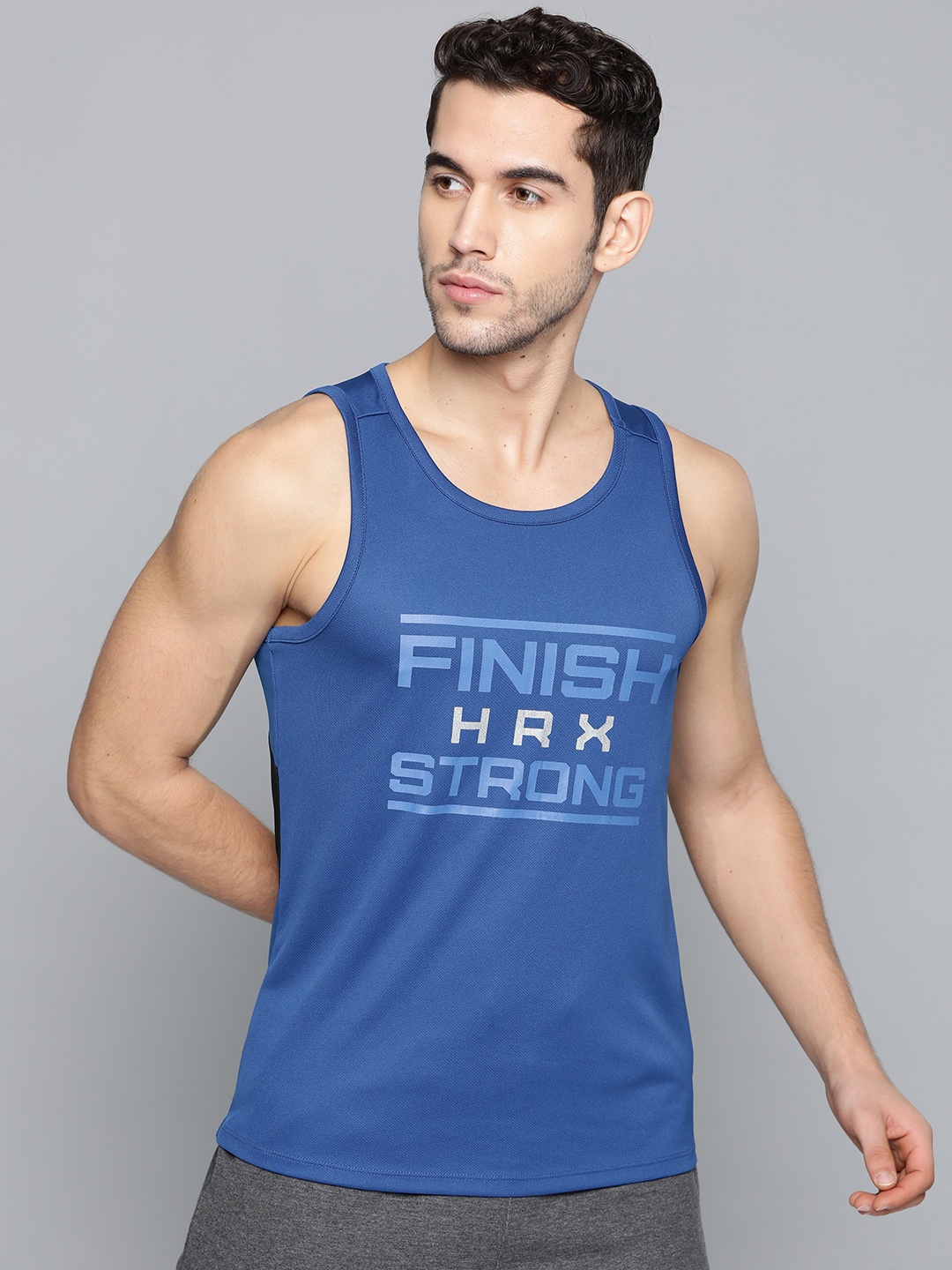 

HRX by Hrithik Roshan Men Blue Printed Antimicrobial Rapid-Dry Training Tank T-Shirt