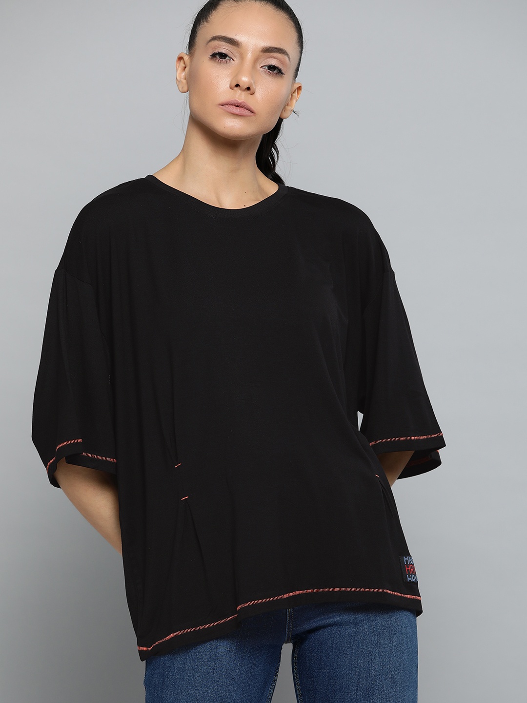 

HRX by Hrithik Roshan Women Jet Black Solid Bio-Wash Antimicrobial Lifestyle T-shirt