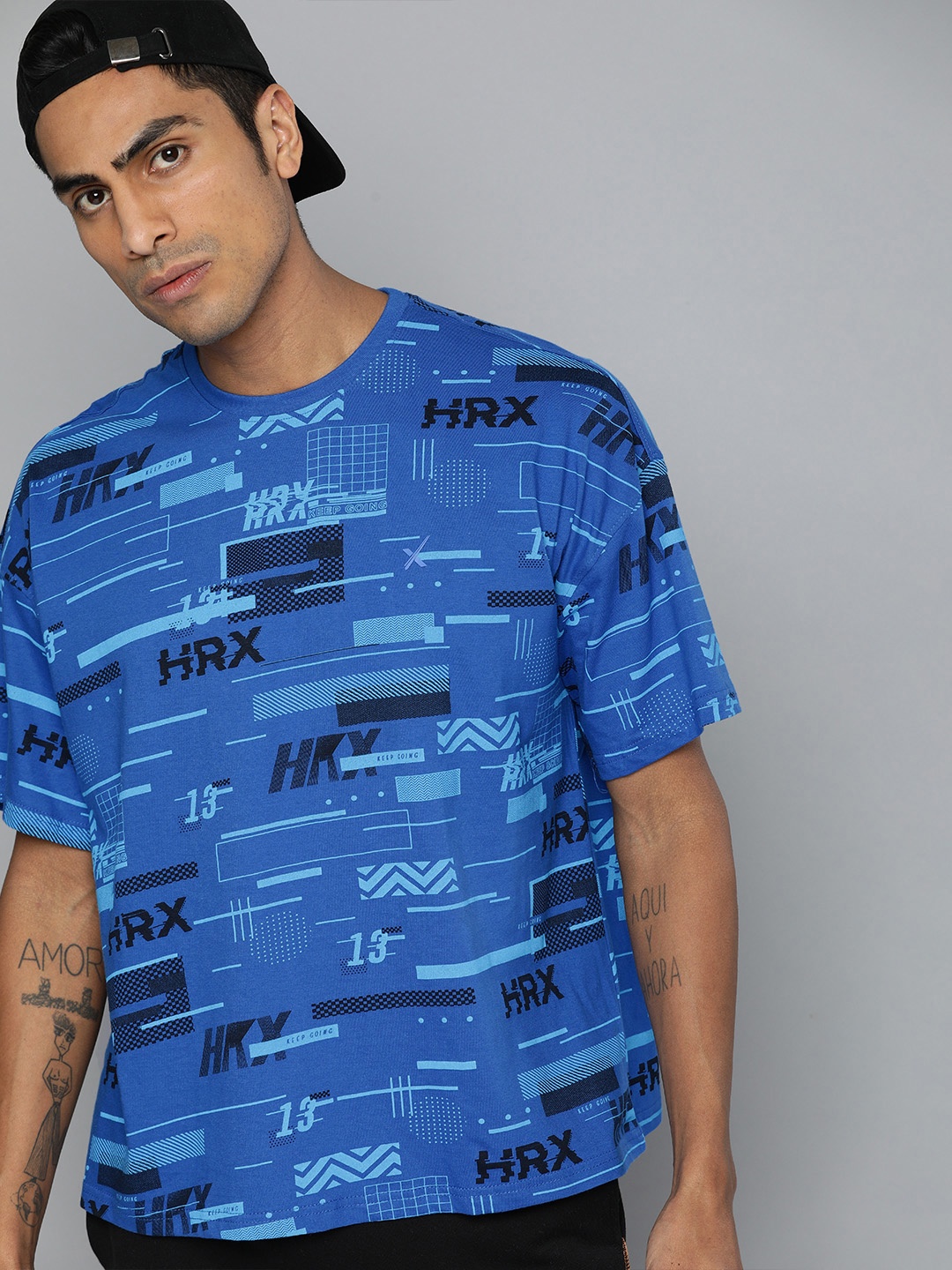 

HRX by Hrithik Roshan Men Blue Printed Bio-Wash Antimicrobial Lifestyle Round Neck Pure Cotton T-shirt