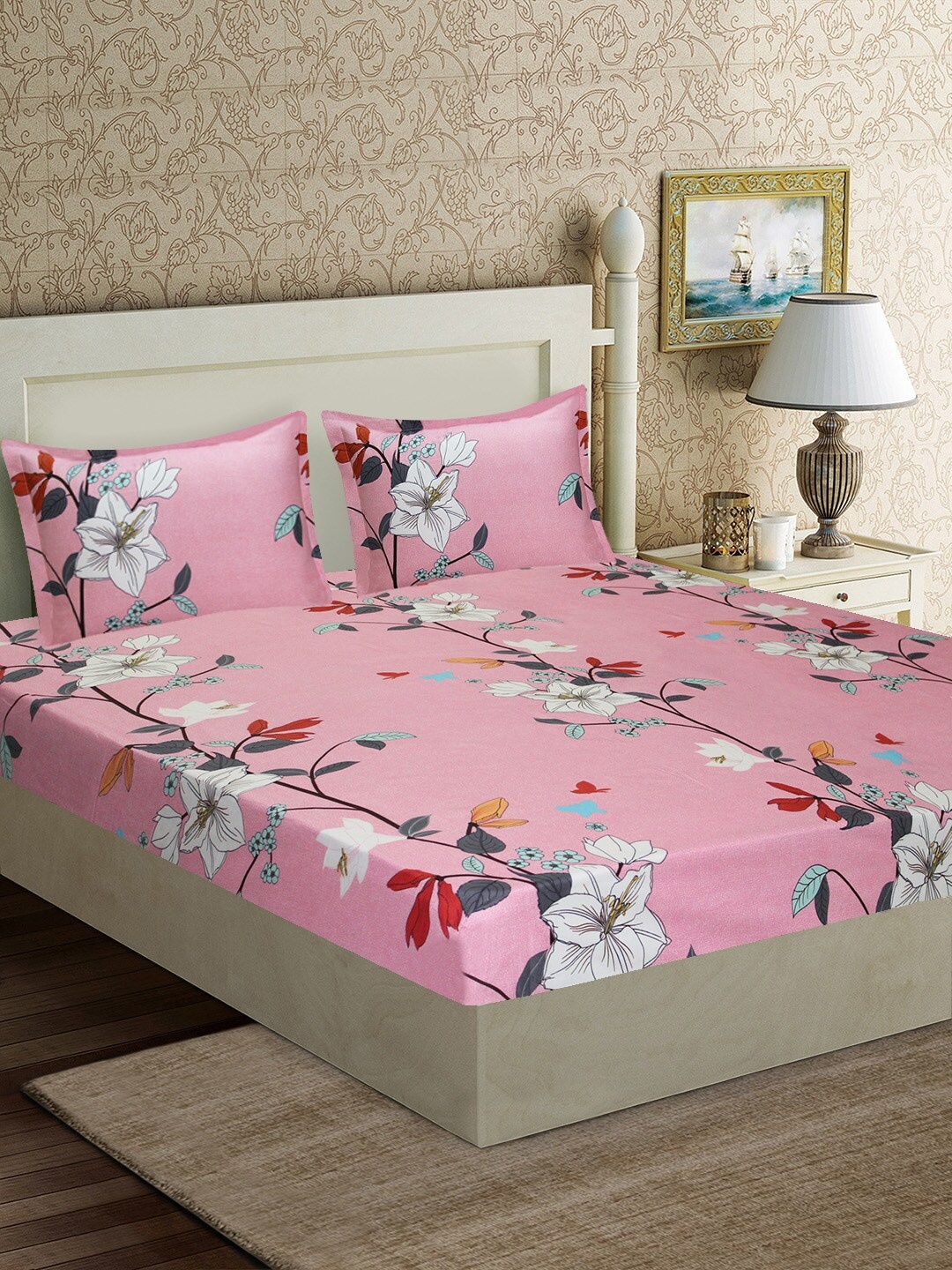 

Good Homes by Home Candy Pink Floral 1 Queen Bedsheet with 2 Pillow Covers