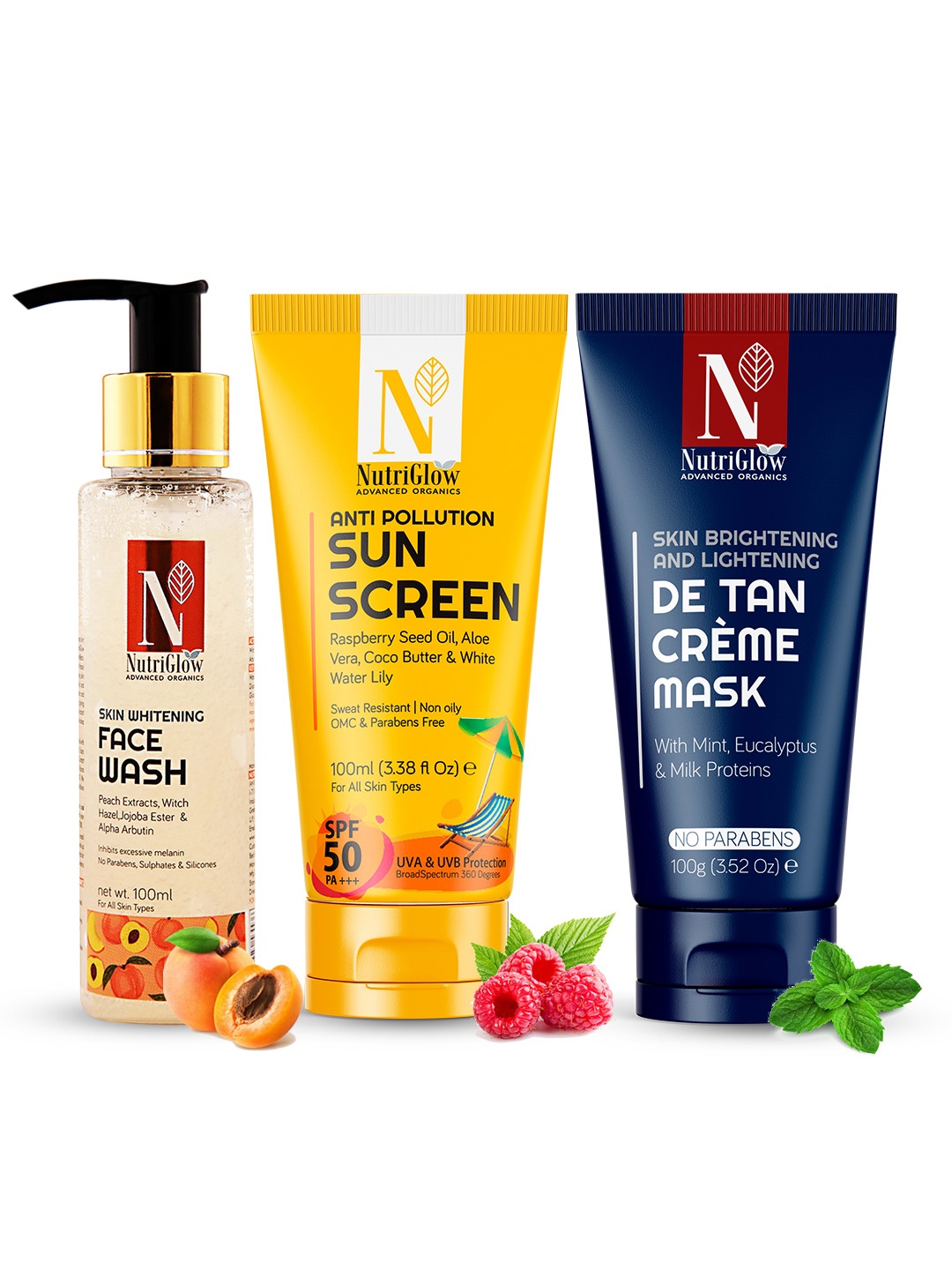 

NutriGlow Advanced Organics Combo of 3 Sunscreen + De Tan Mask + Whitening Face Wash, Multi