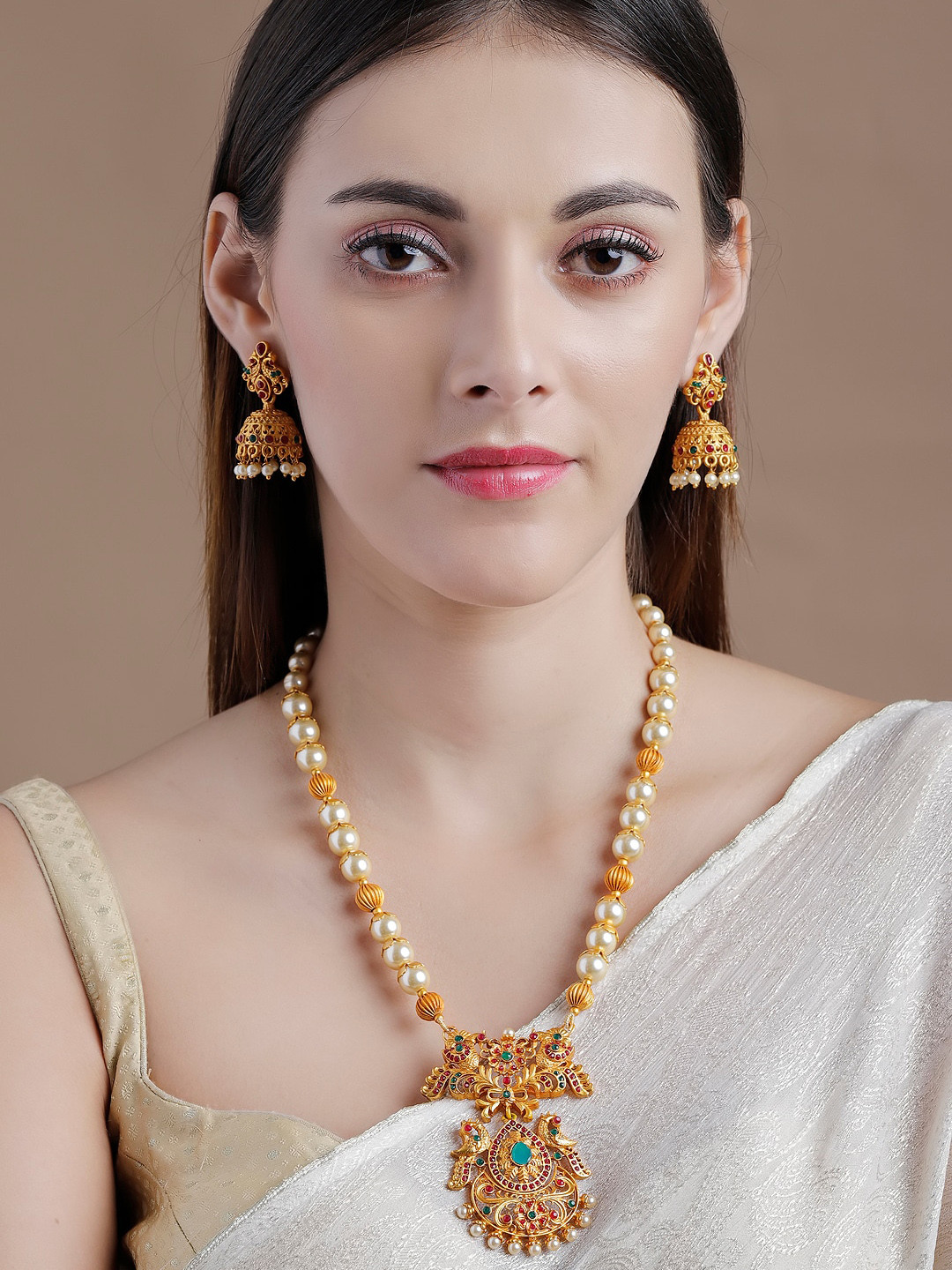 

Rubans 22K Gold Plated Red & White Stone-Studded & Beaded Handcrafted Jewellery Set