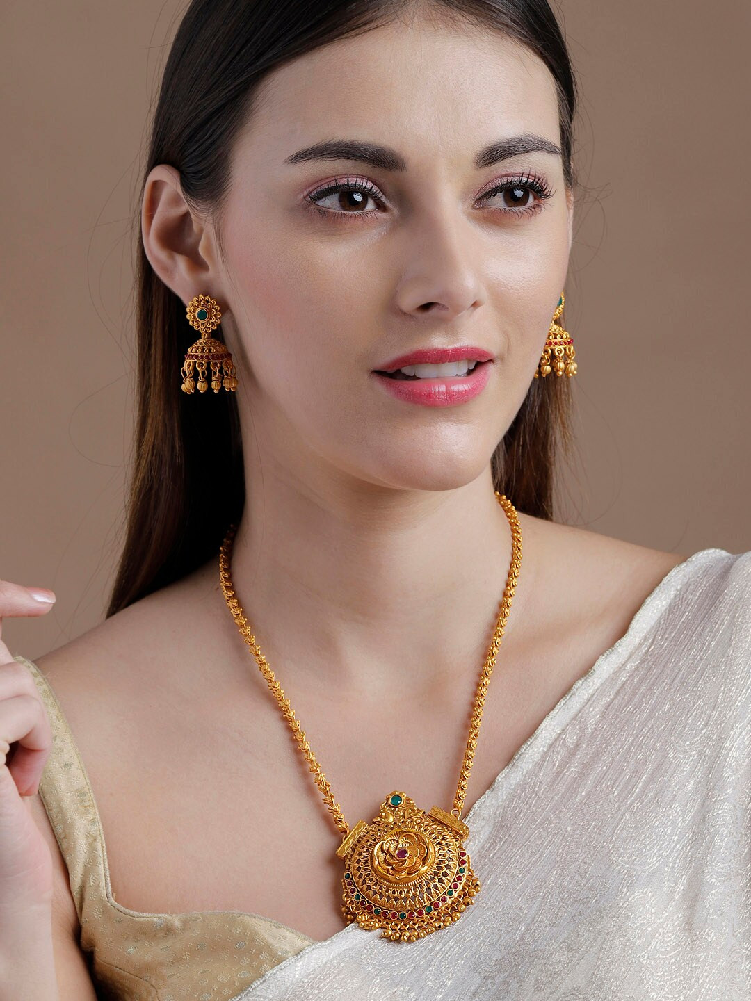 

Rubans 22 K Gold-Plated Red & Green Stone-Studded Beaded Handcrafted Jewellery Set