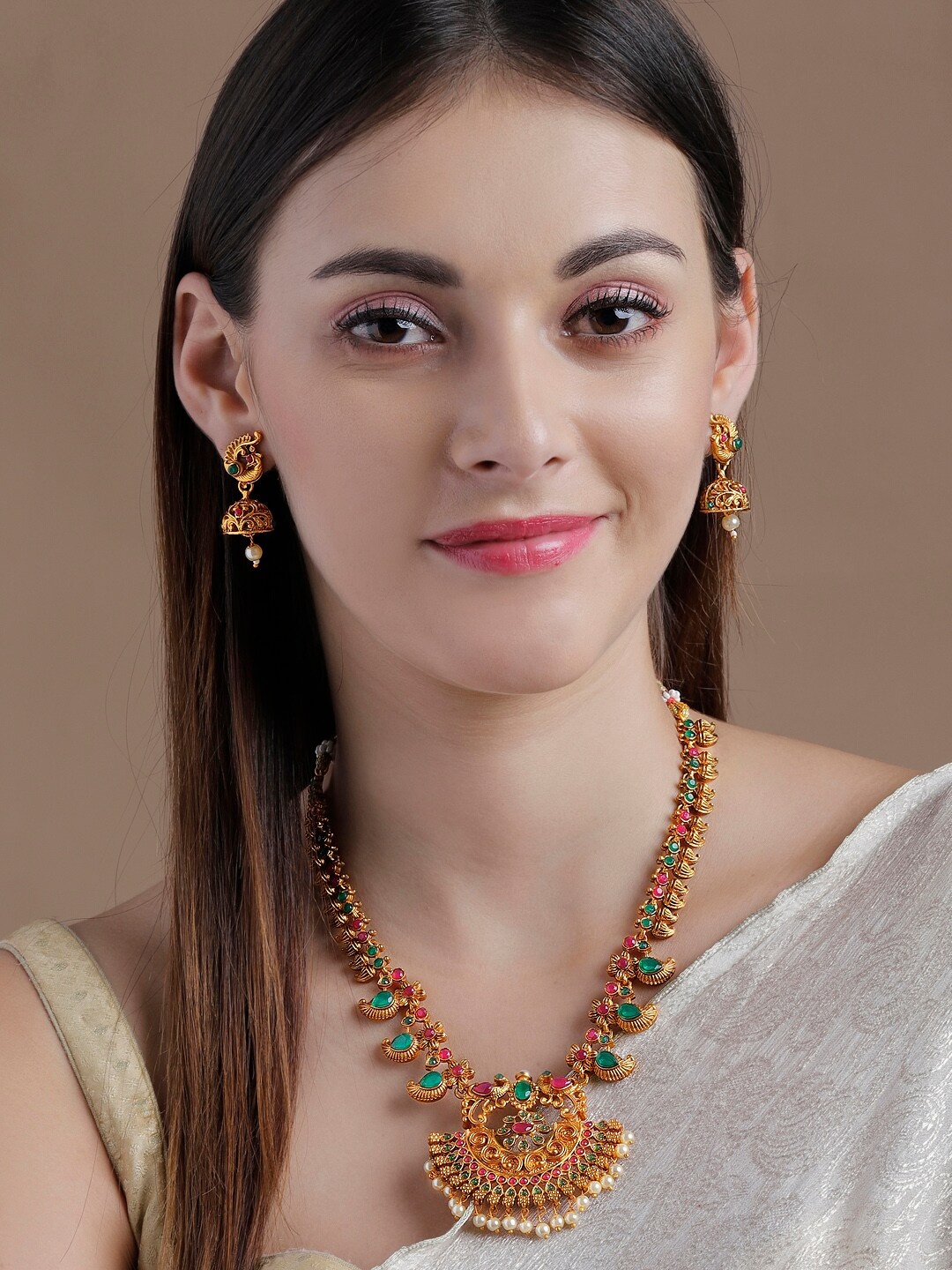 

Rubans 22 K Gold-Plated Pink & Green Stone-Studded Pearl Handcrafted Jewellery Set