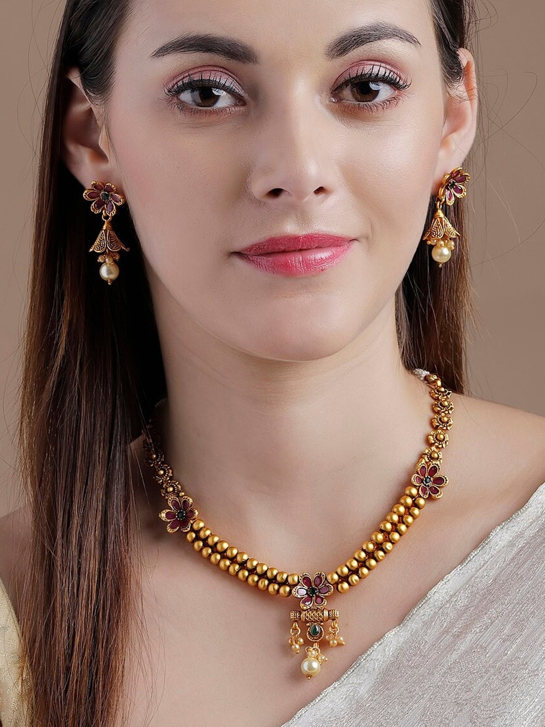 

Rubans 22 K Gold-Plated Red & Green Stone-Studded Beaded Handcrafted Jewellery Set