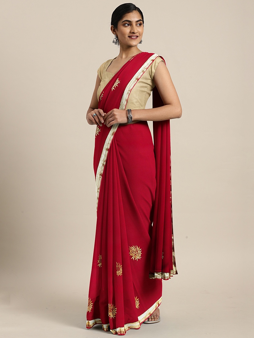 

KALINI Red Solid Poly Georgette Saree with Embroidery
