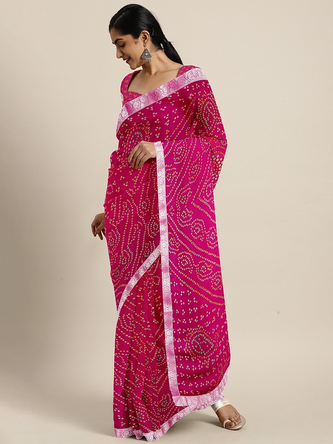 

KALINI Pink Poly Chiffon Printed Bandhani Saree