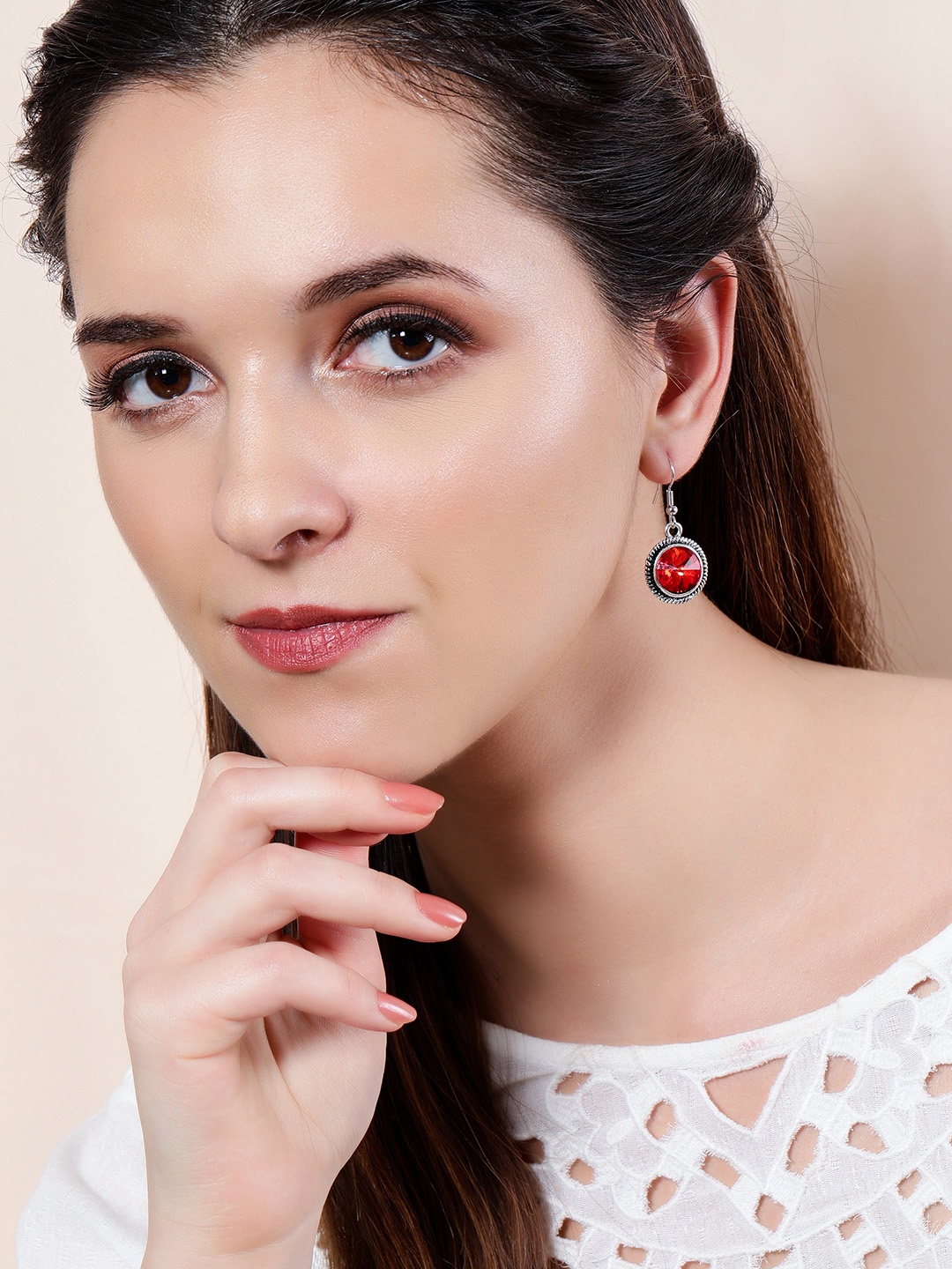 

Rubans Silver-Plated & Red Oxidised Circular Drop Earrings