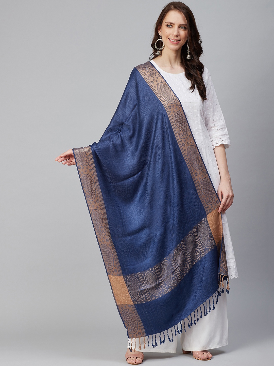 

WEAVERS VILLA Women Blue Paisley Woven Design Stole