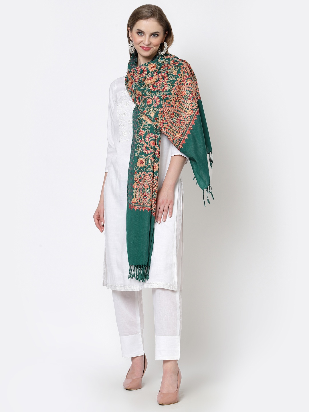 

WEAVERS VILLA Women Teal Green & Red Embroidered Shawl