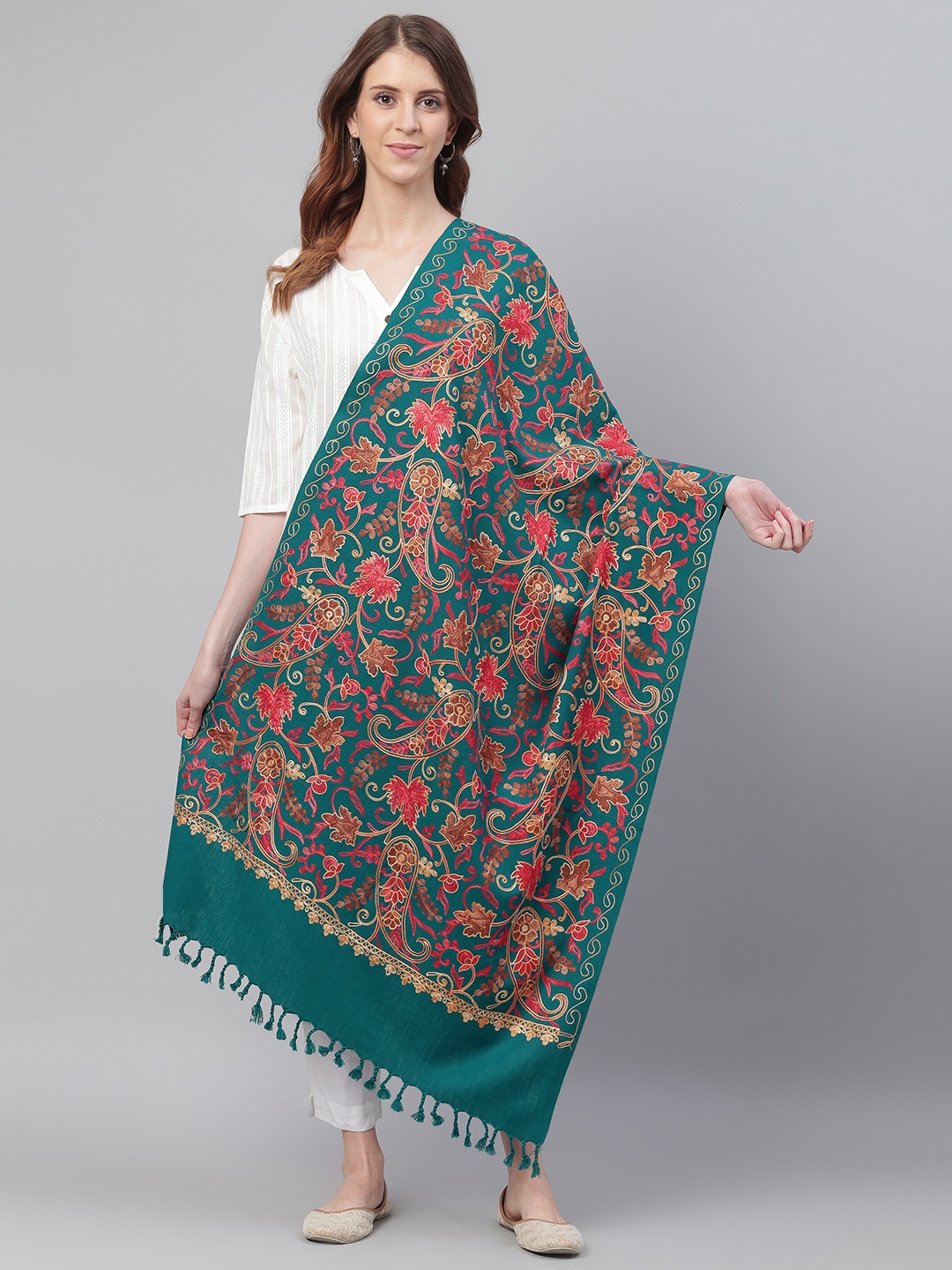 

WEAVERS VILLA Women Teal Green & Red Aari Work Embroidered Shawl
