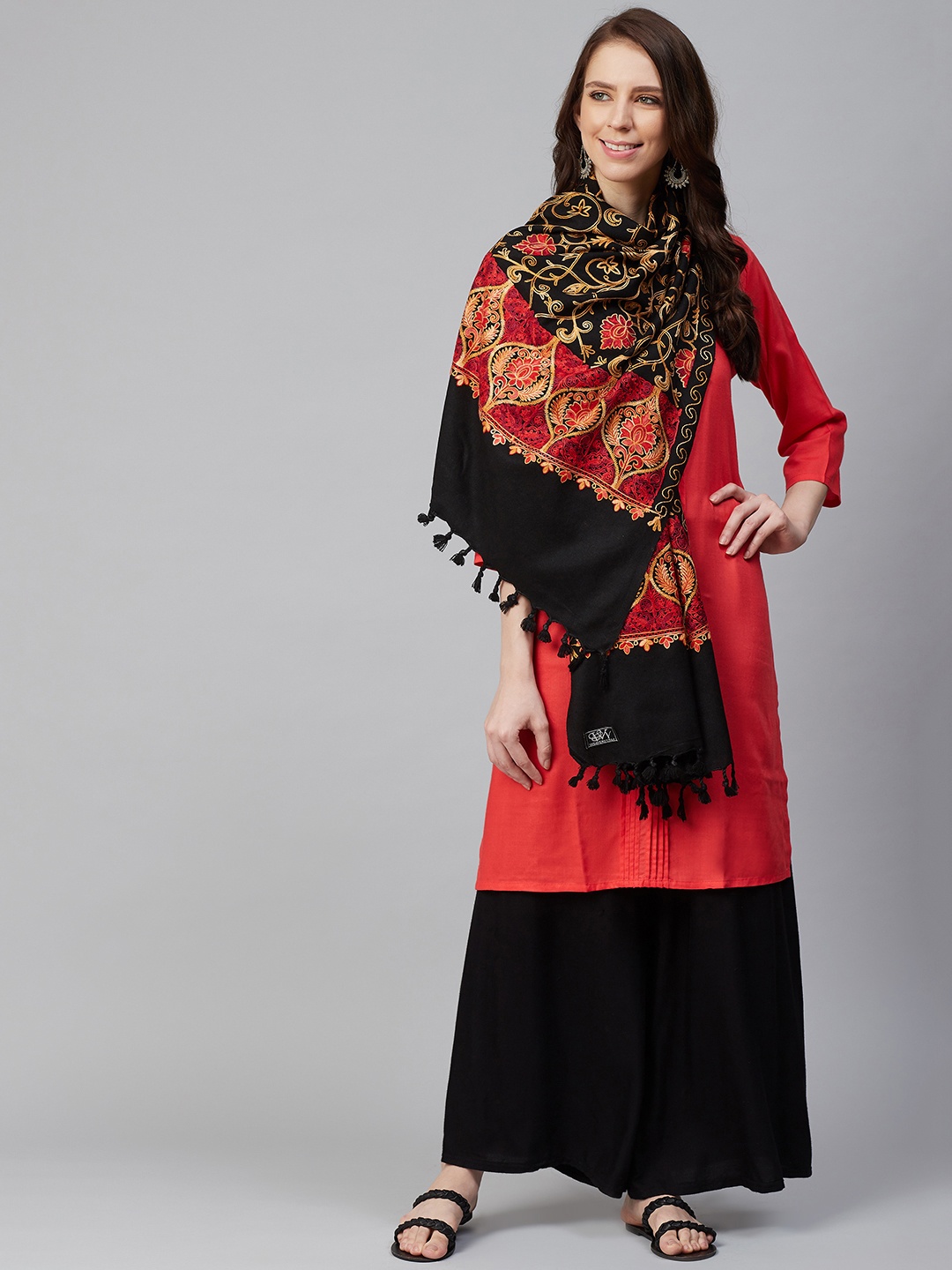 

WEAVERS VILLA Women Black & Red Embroidered Shawl